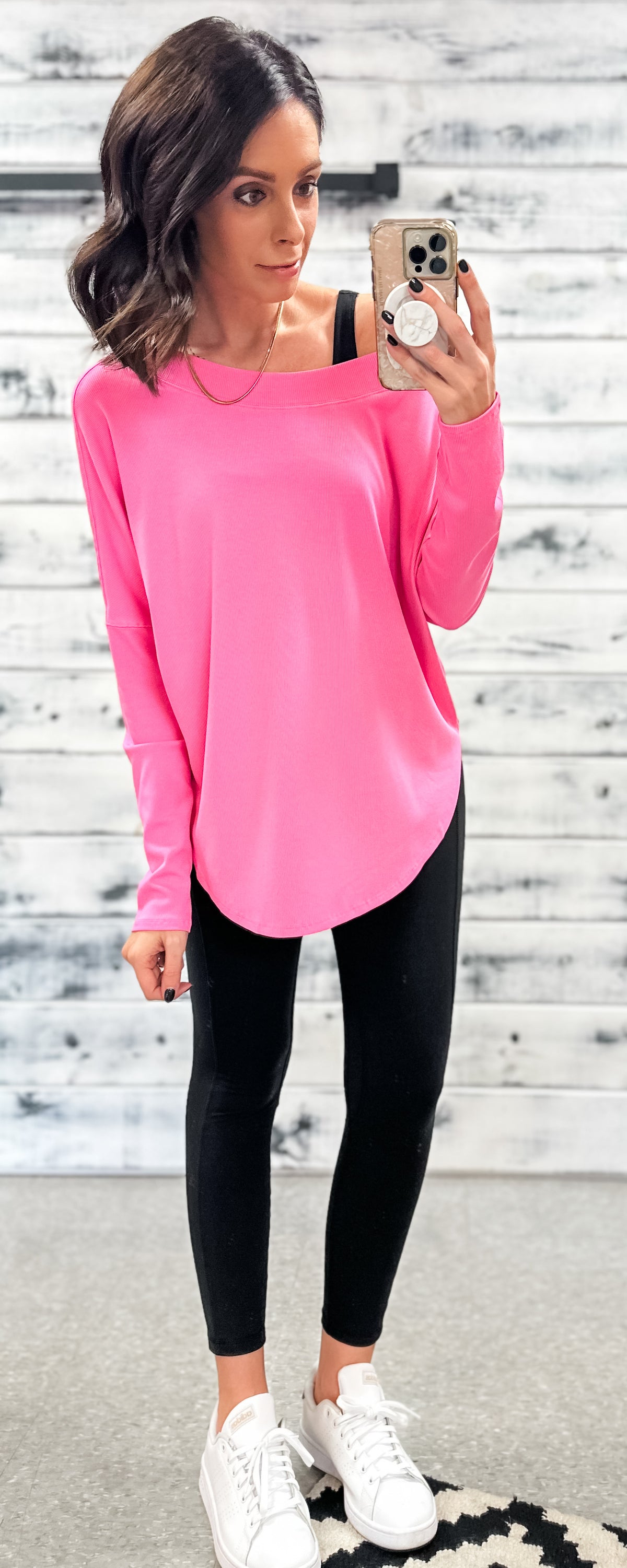 Flamingo Pink Ribbed Relaxed Long Sleeve Top