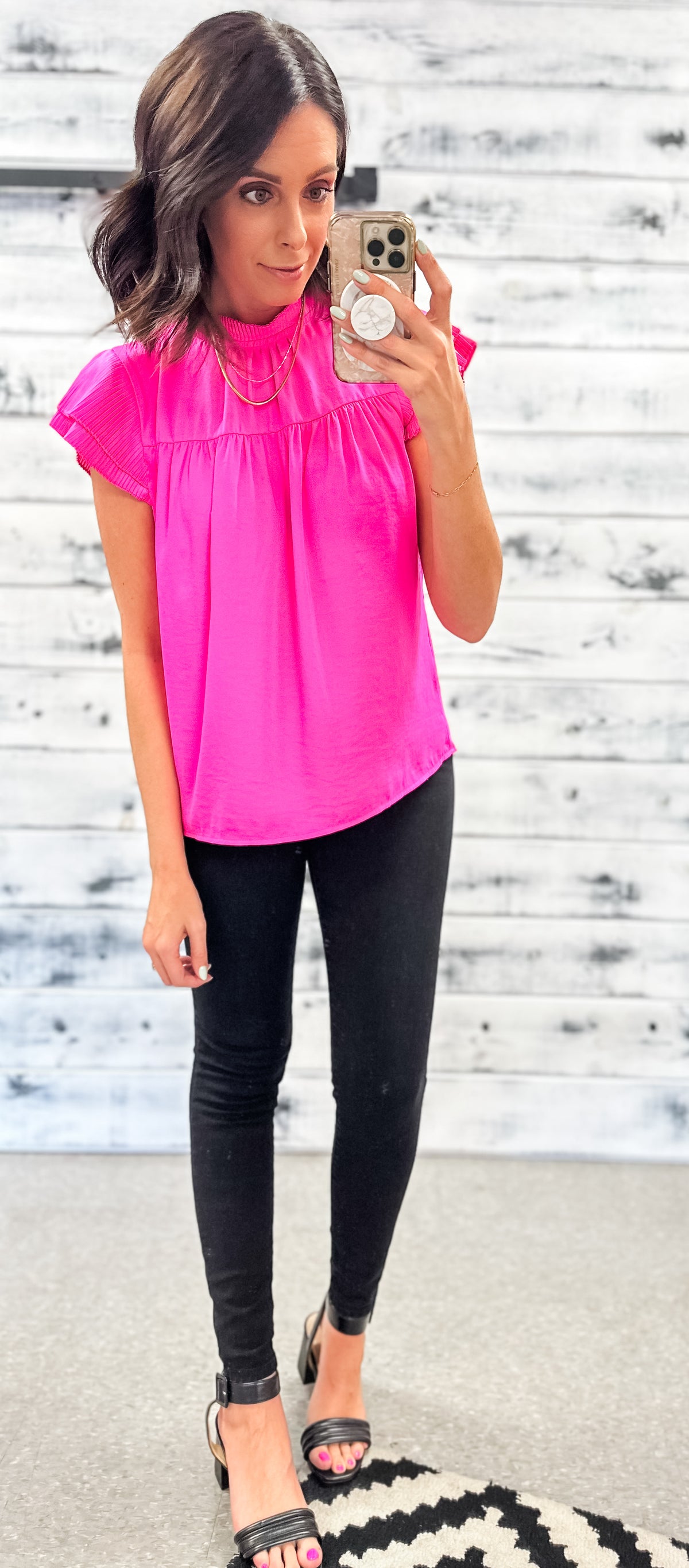 Hot Pink Satin Pleated Flutter Sleeve Blouse