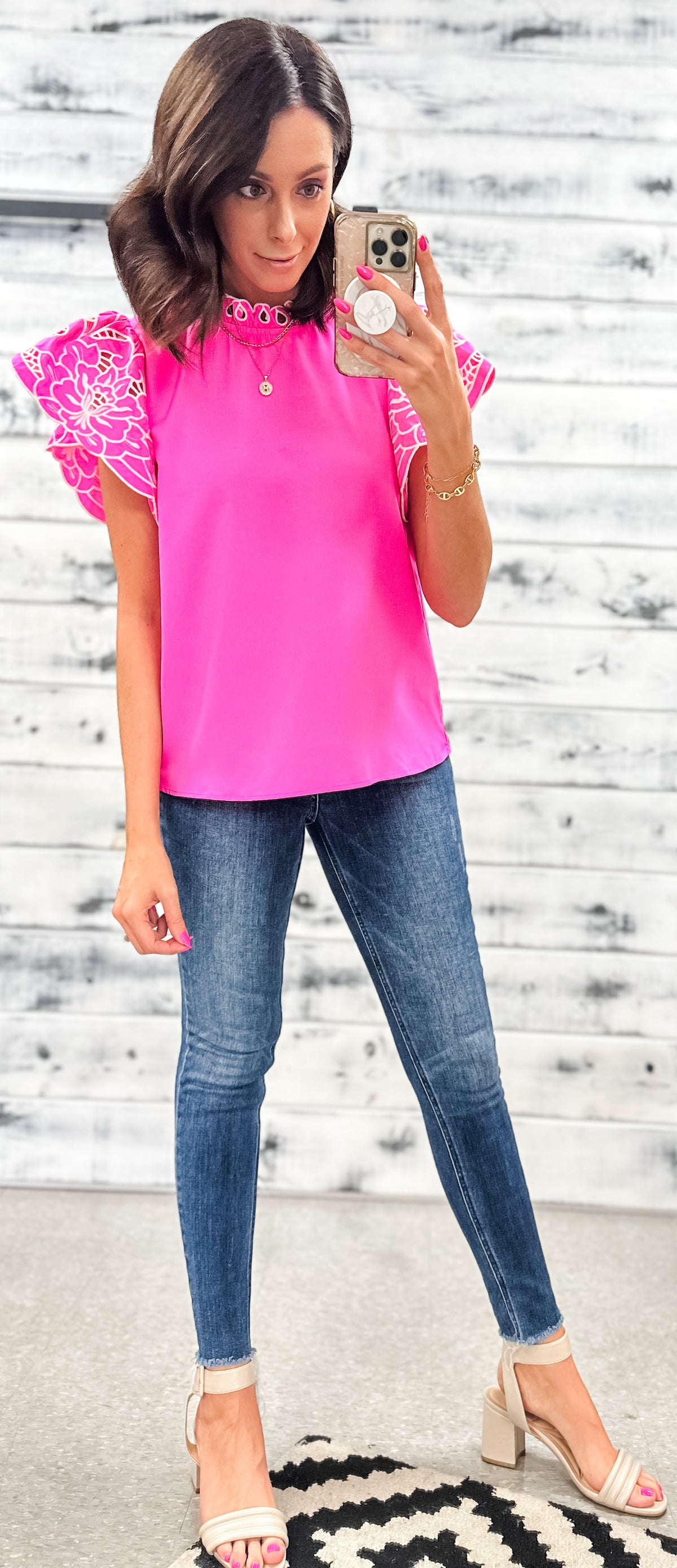 The Kassidy Hot Pink Embroidered Poofy Sleeve Blouse