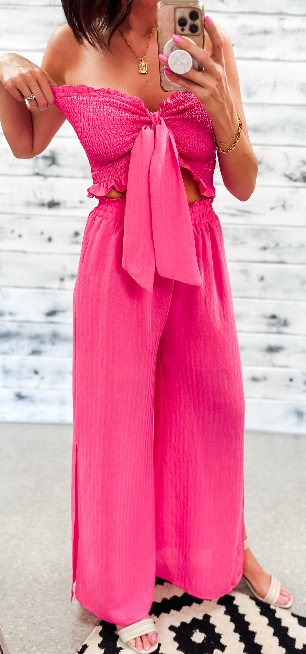 Hot Pink Smocked Crop Top &amp; Pant Set