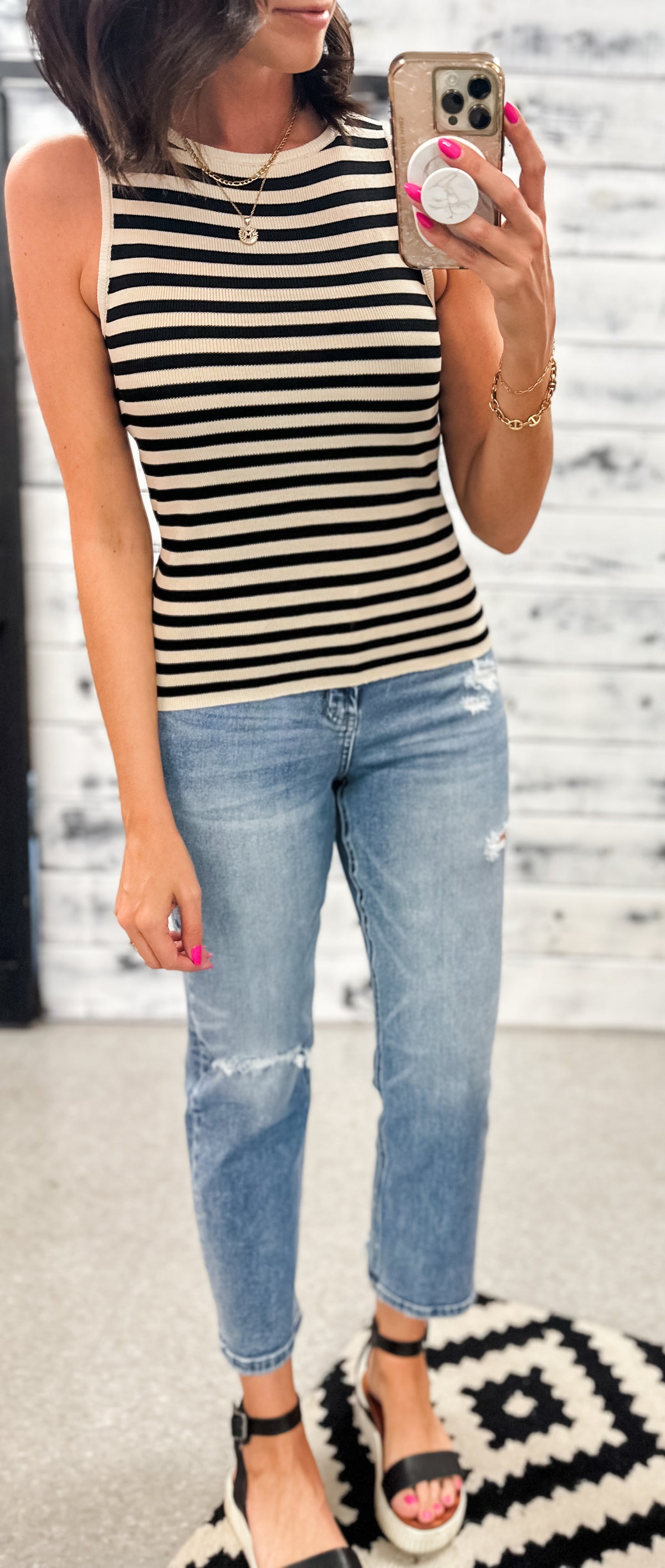 Cream &amp; Black Classic Stripe Tank