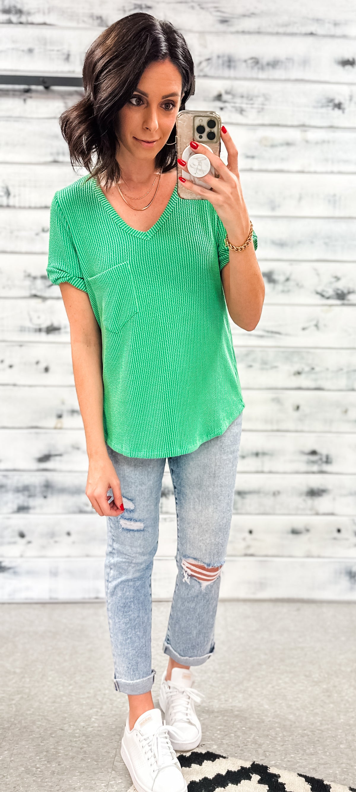 Spring Green Ribbed V-Neck Pocket Top