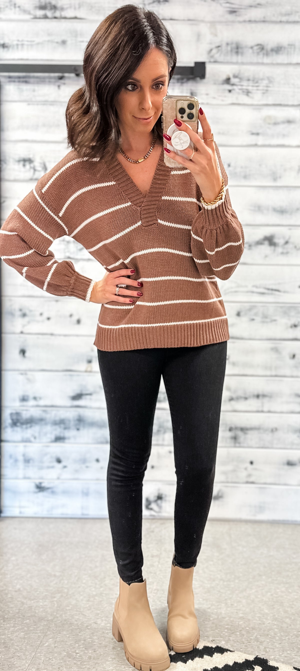 Brown &amp; Ivory Striped Collared V-Neck Sweater