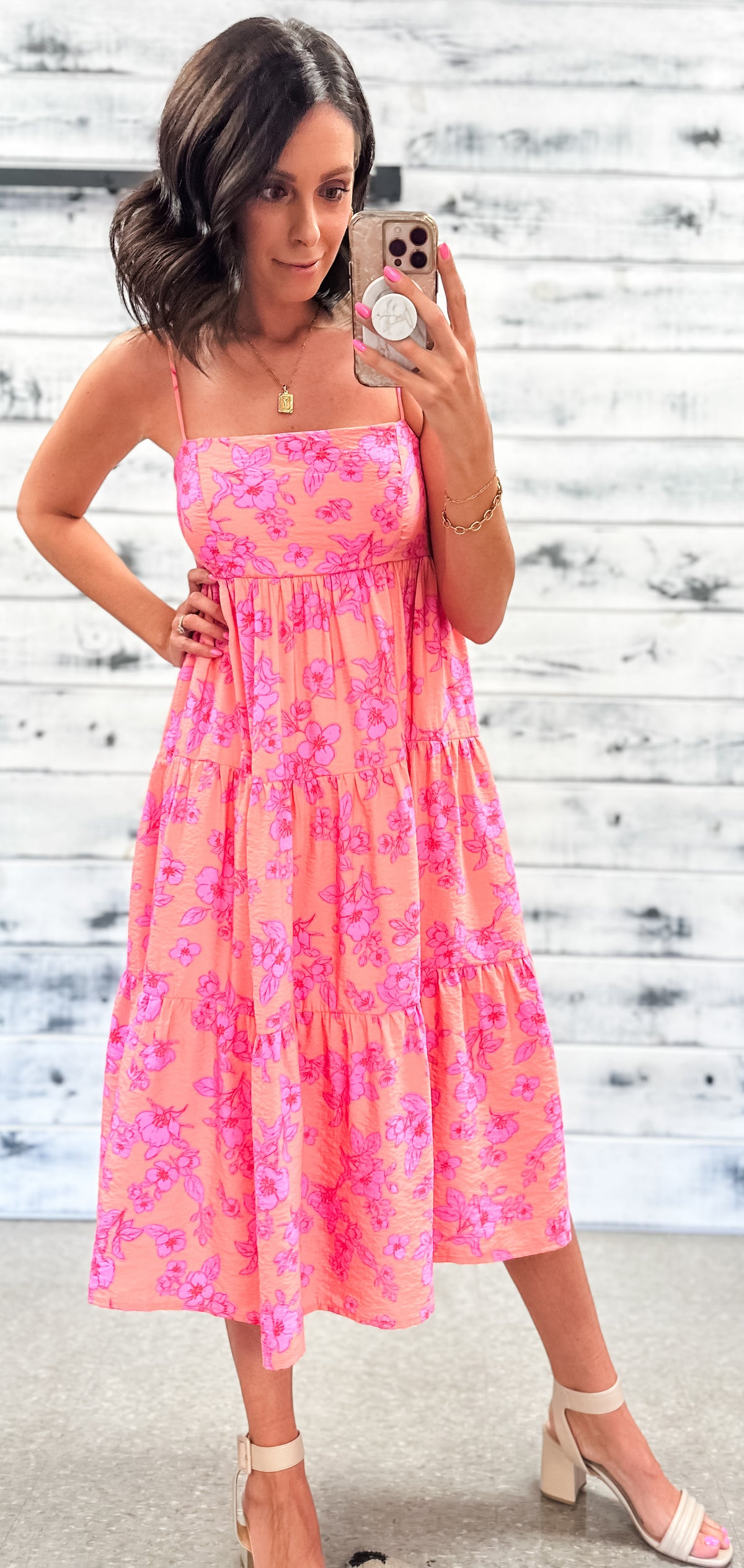 Coral &amp; Pink Floral Tiered Midi Dress