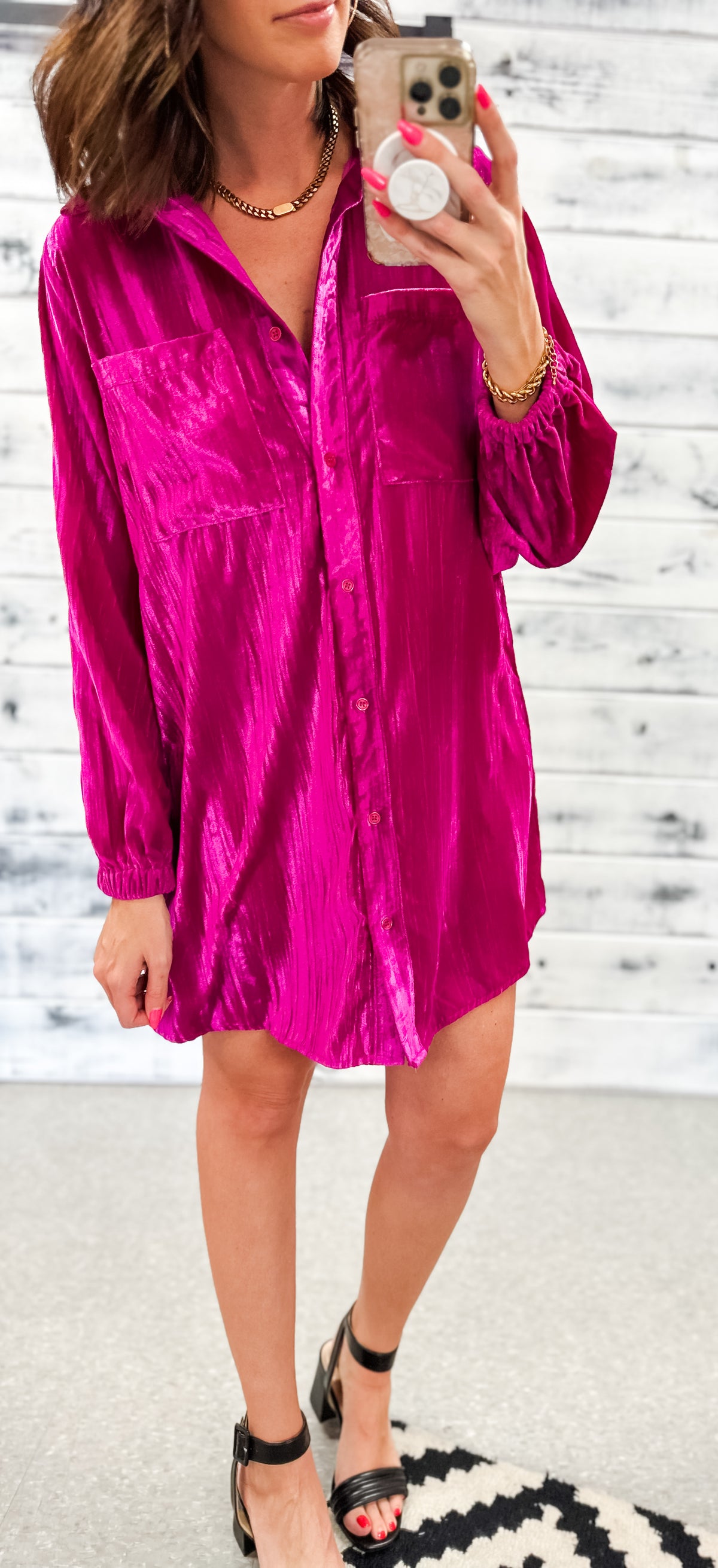Magenta Textured Velvet Button Down Dress