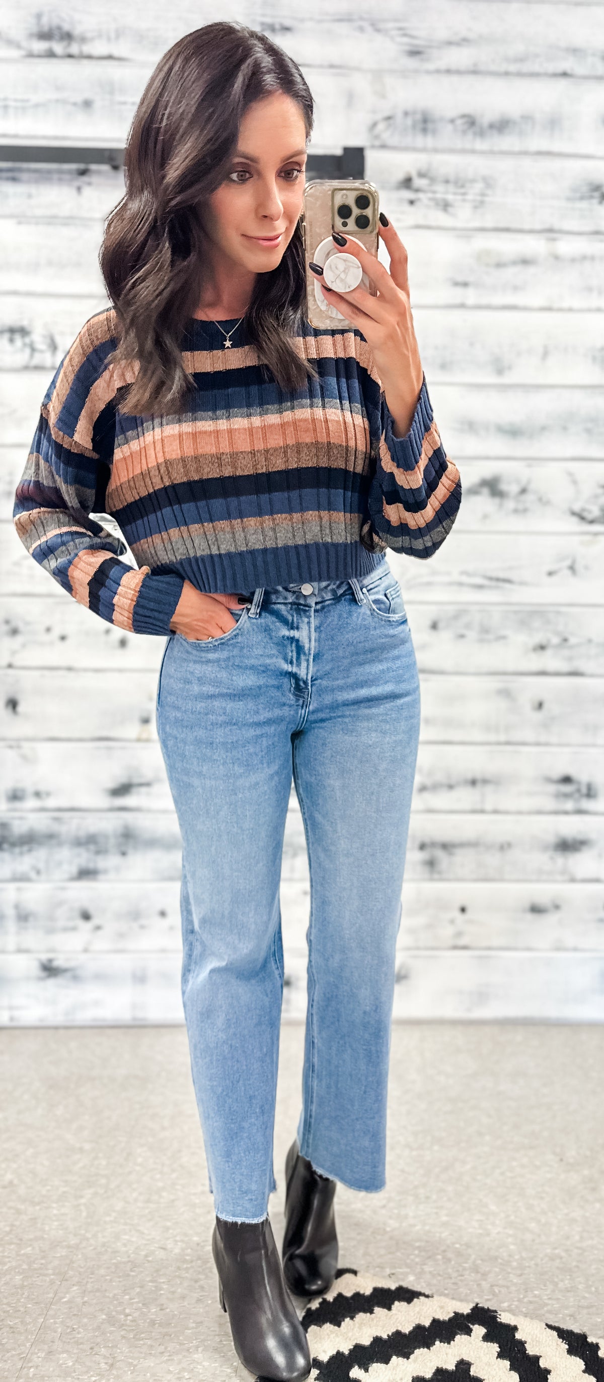Navy, Tan &amp; Black Striped Crop Sweater