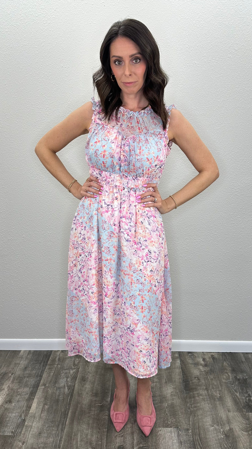 Petal Breeze High Neck Floral Midi Dress