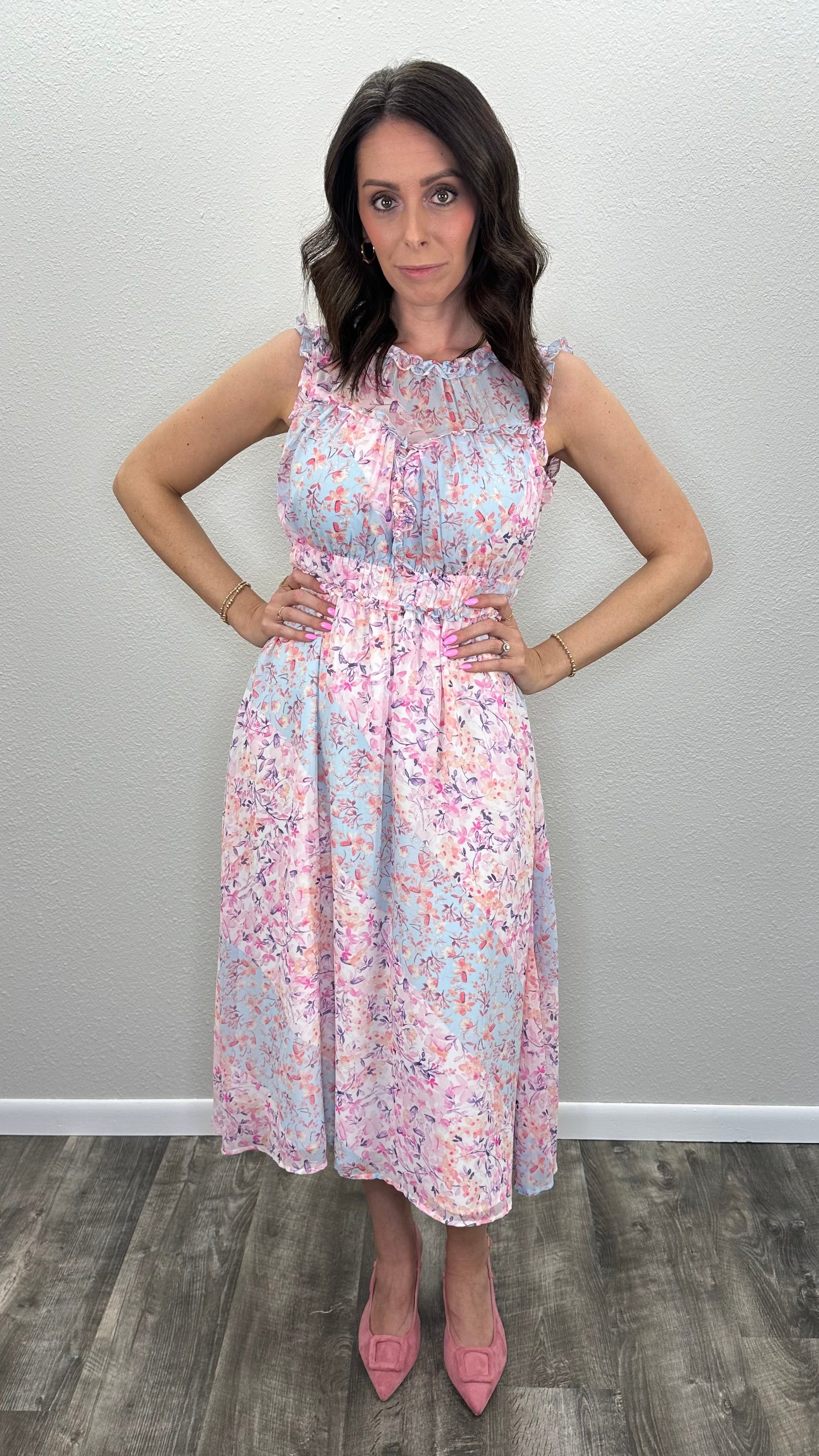 Petal Breeze High Neck Floral Midi Dress