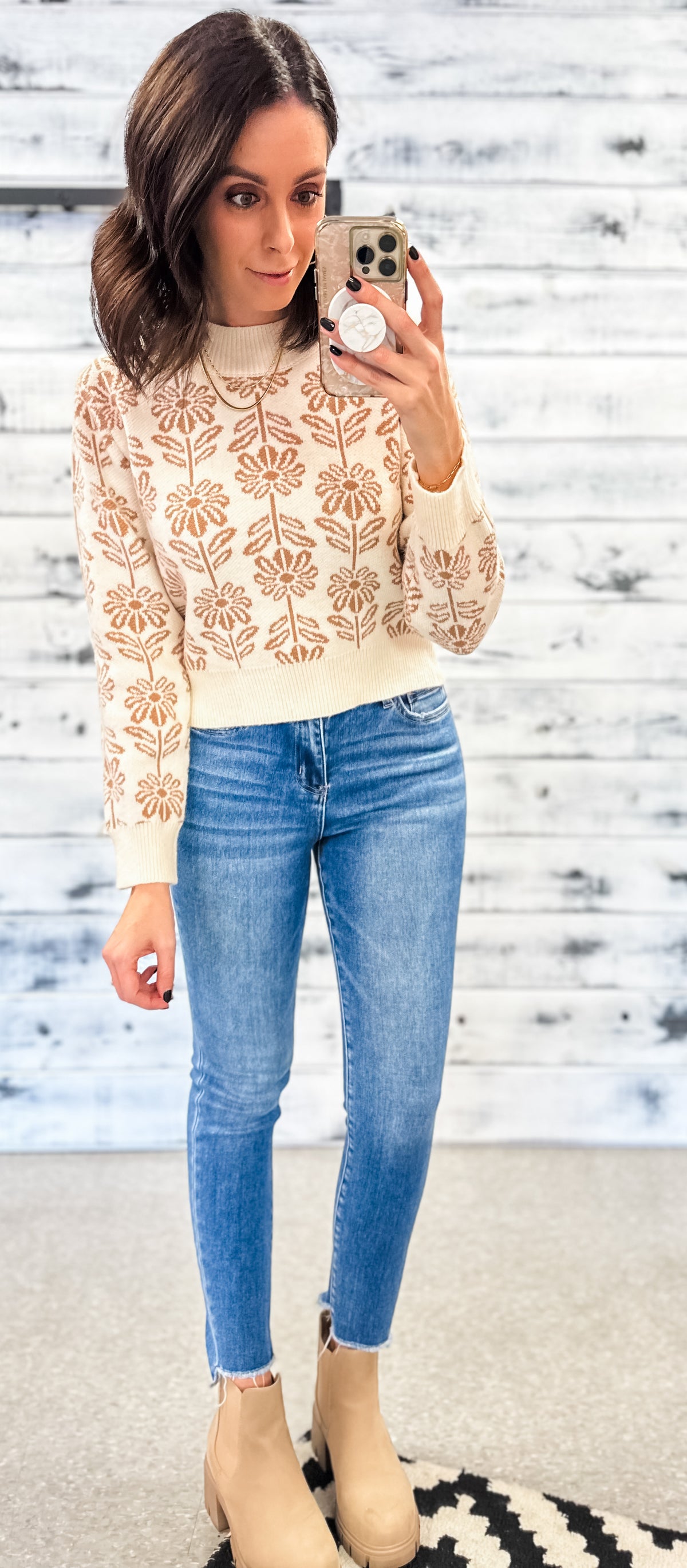 Cream &amp; Camel Floral Crop Sweater