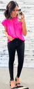 Hot Pink Satin Pleated Flutter Sleeve Blouse