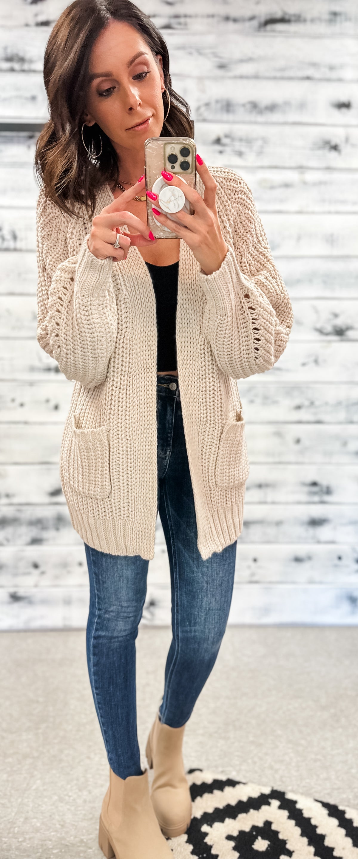 Light Taupe Cable Knit Cardigan W/Pockets