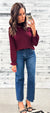 Wine Ruffle Neck Poofy Sleeve Blouse