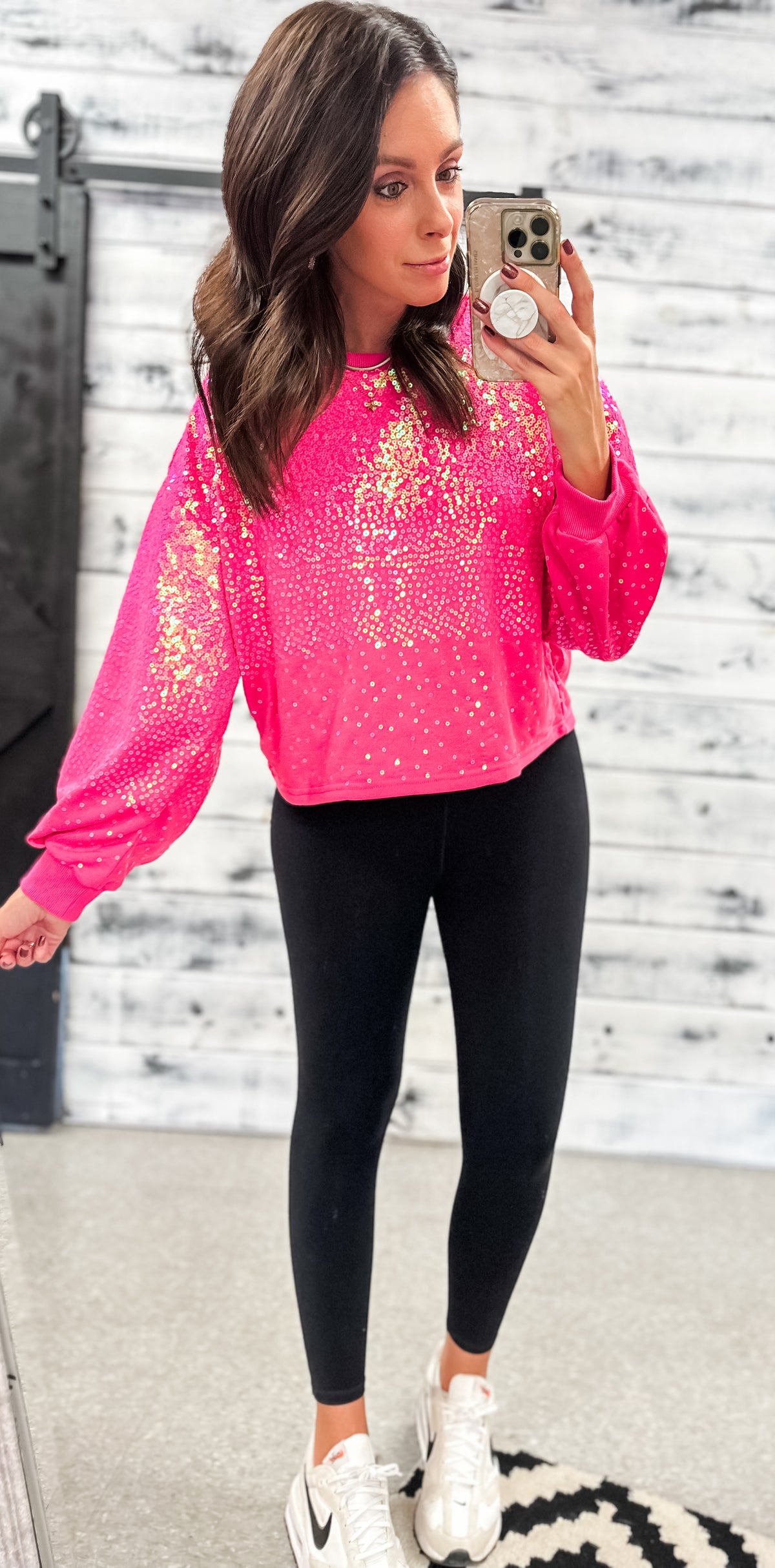 Hot Pink Sequin Poofy Sleeve Crop Sweatshirt