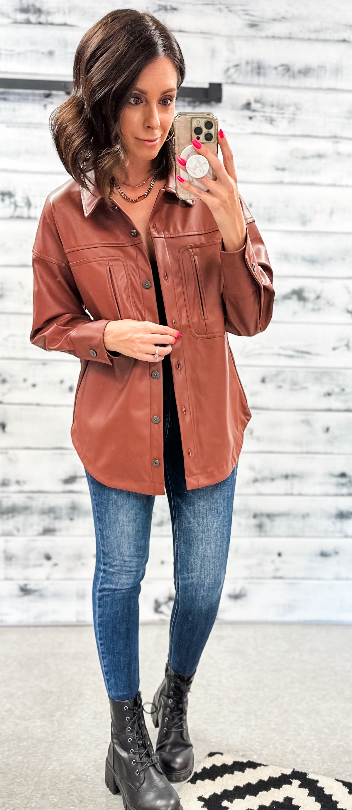 Brown Faux Leather Shacket