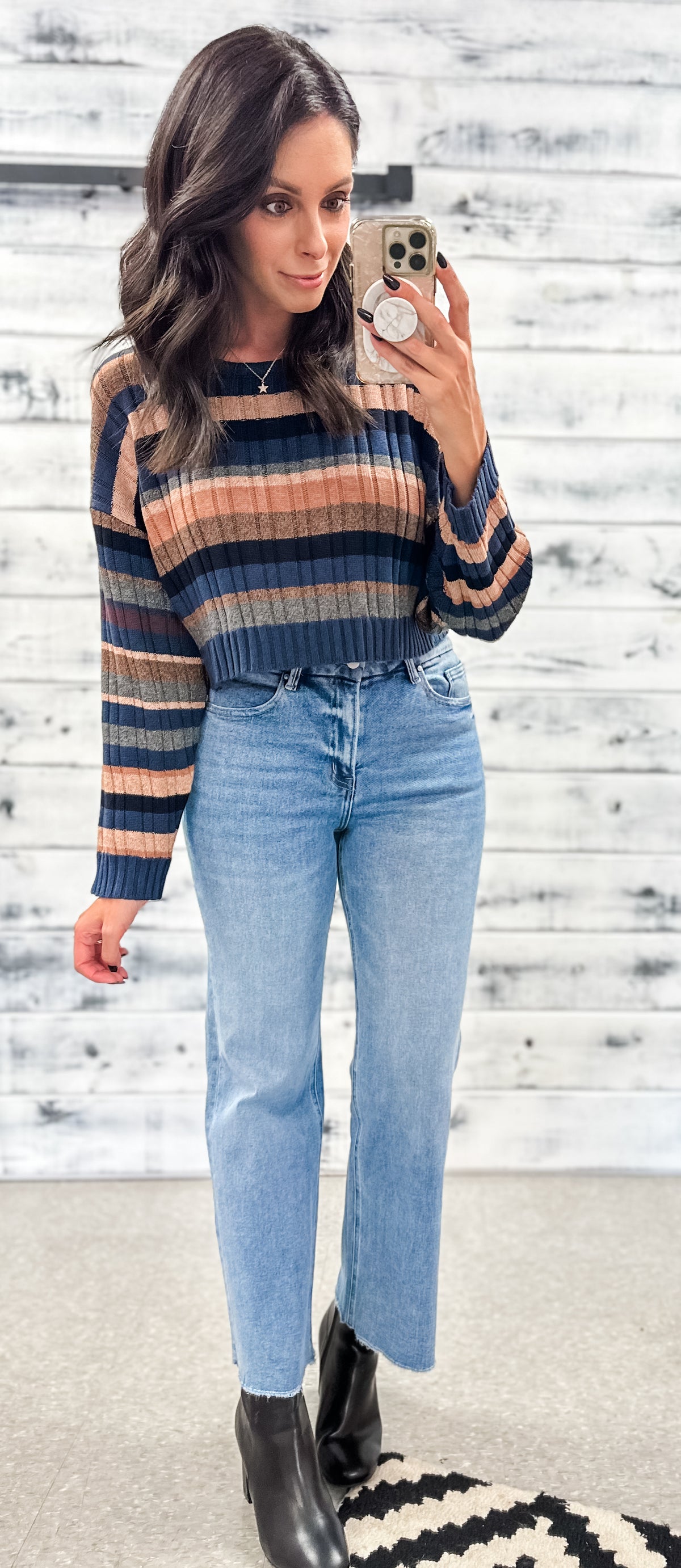 Navy, Tan &amp; Black Striped Crop Sweater