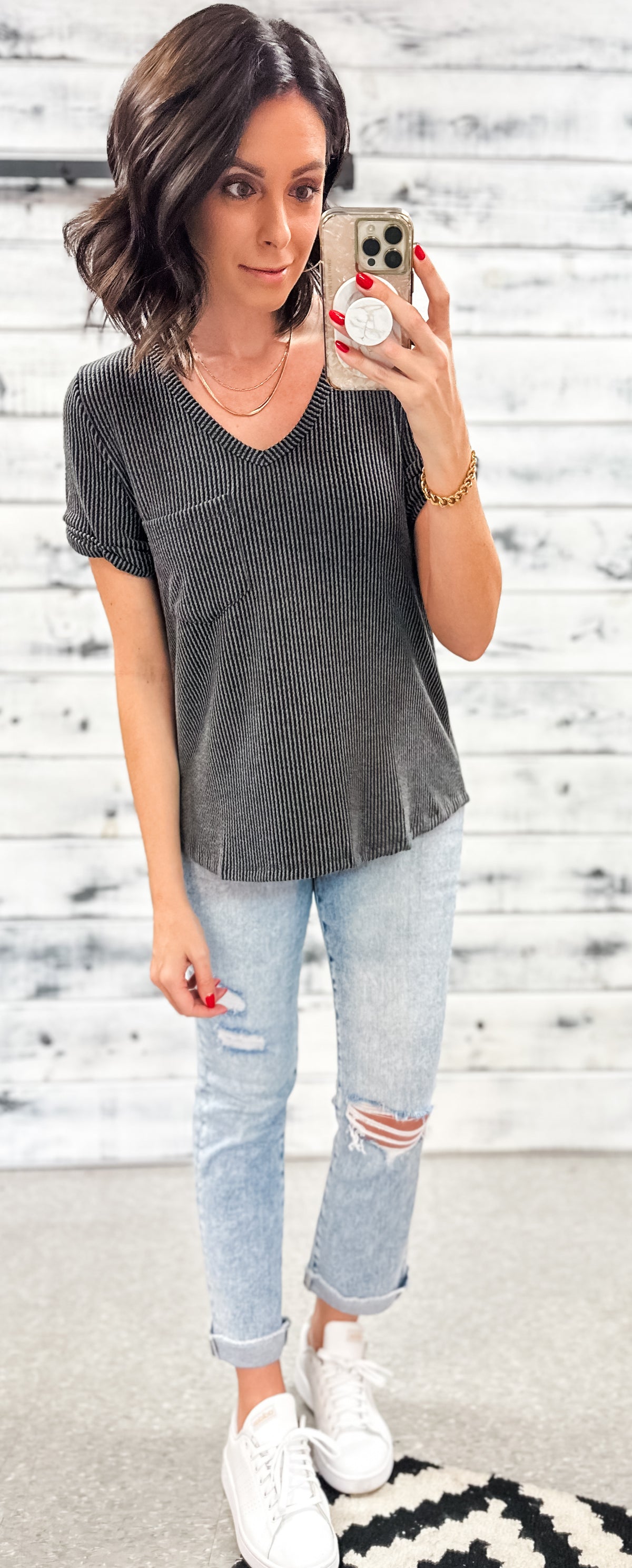 Charcoal Ribbed V-Neck Pocket Top