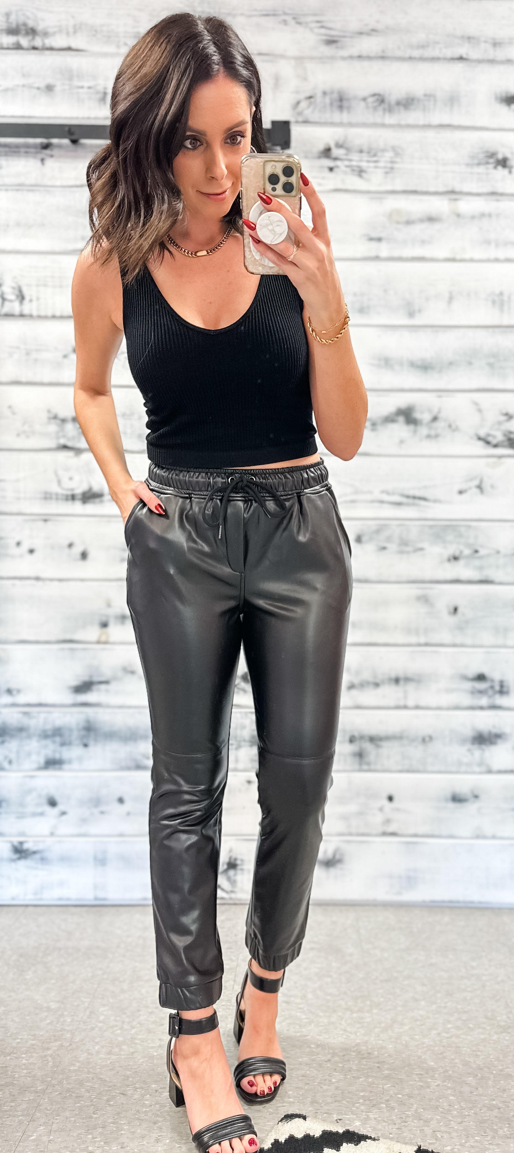Black Faux Leather Drawstring Jogger - Grace and Garment Boutique