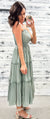 Muted Sage Pleated & Tiered Maxi Dress