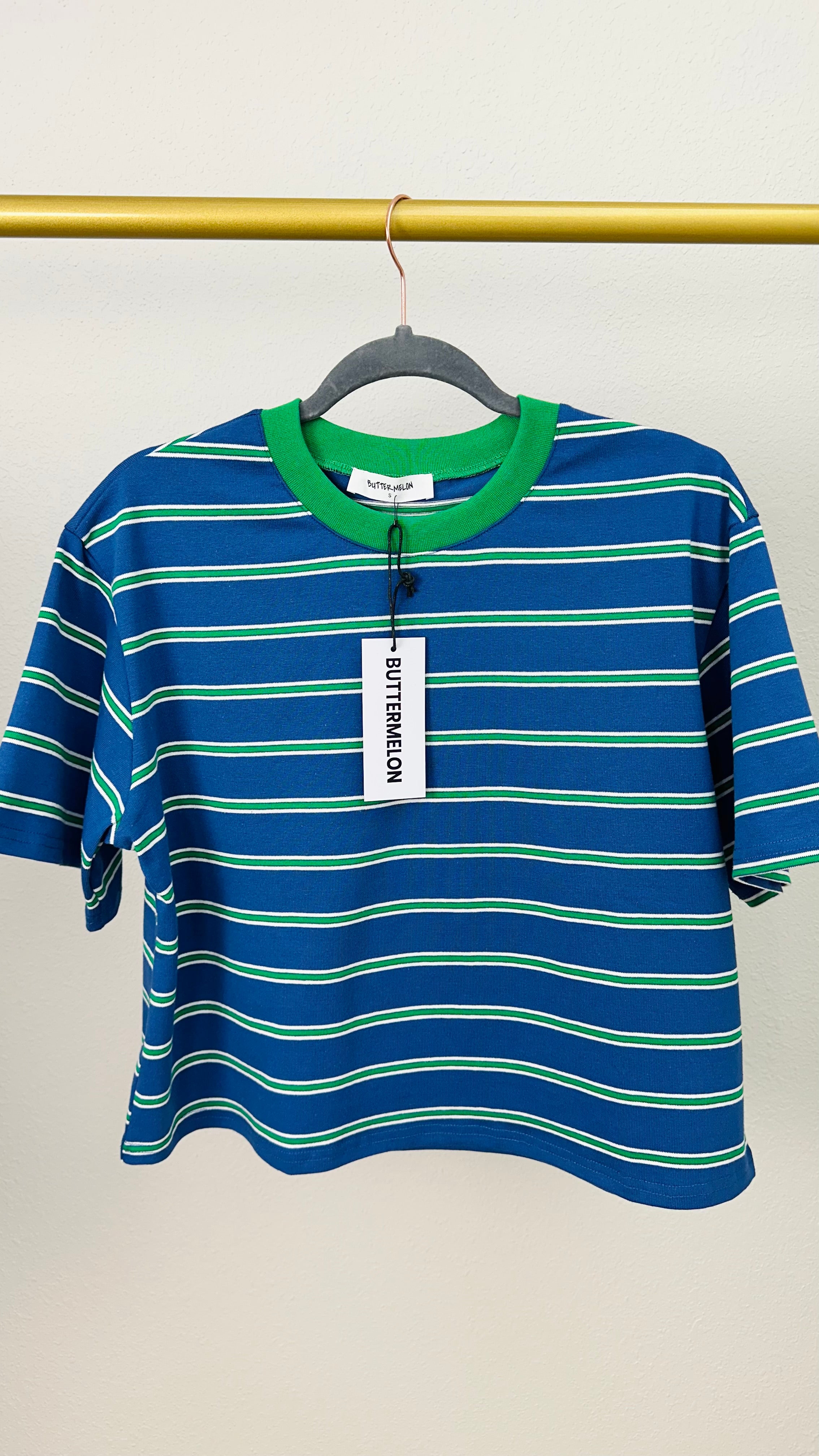 Blue & Green Ringer Striped Oversized Tee