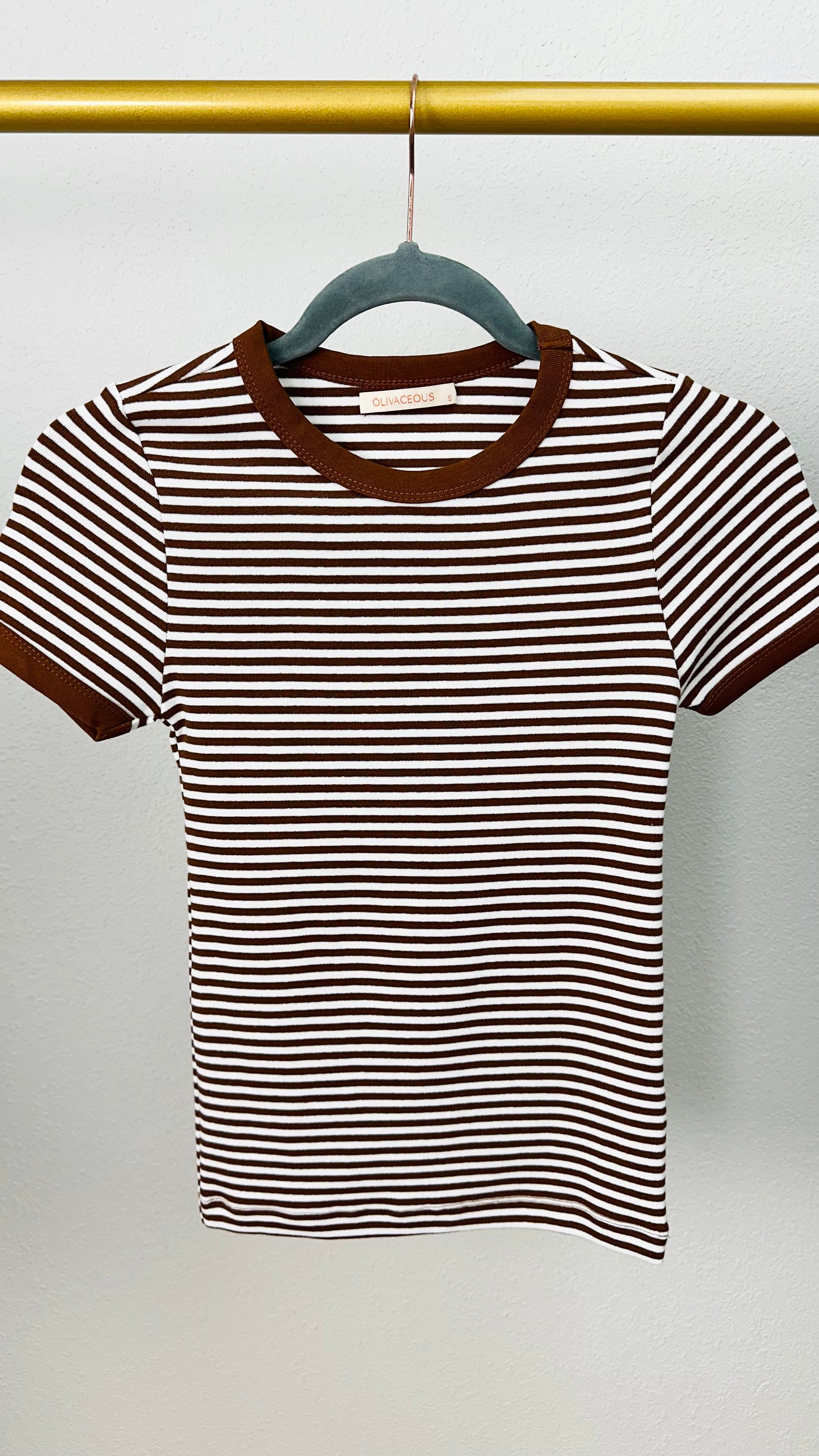 Brown Stripe Ringer Fitted Tee