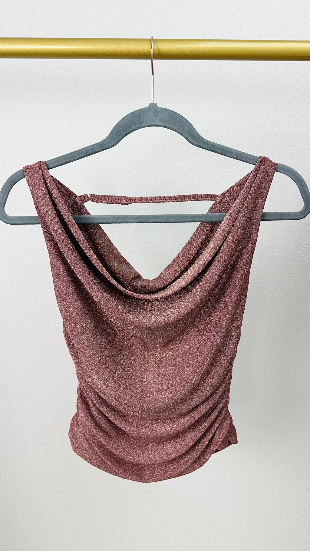 Mocha Shimmer Off the Shoulder Ruched Top