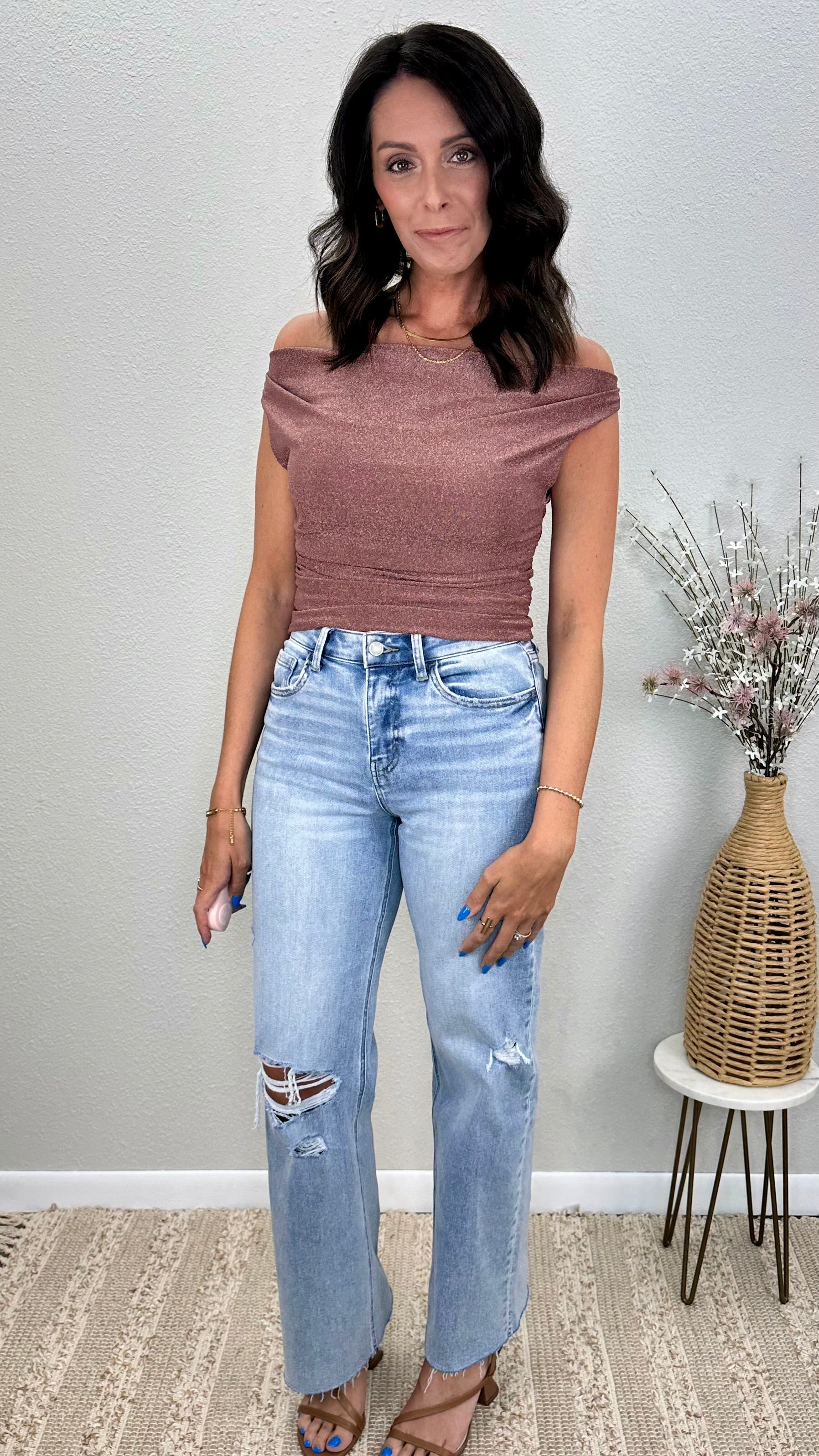 Mocha Shimmer Off the Shoulder Ruched Top