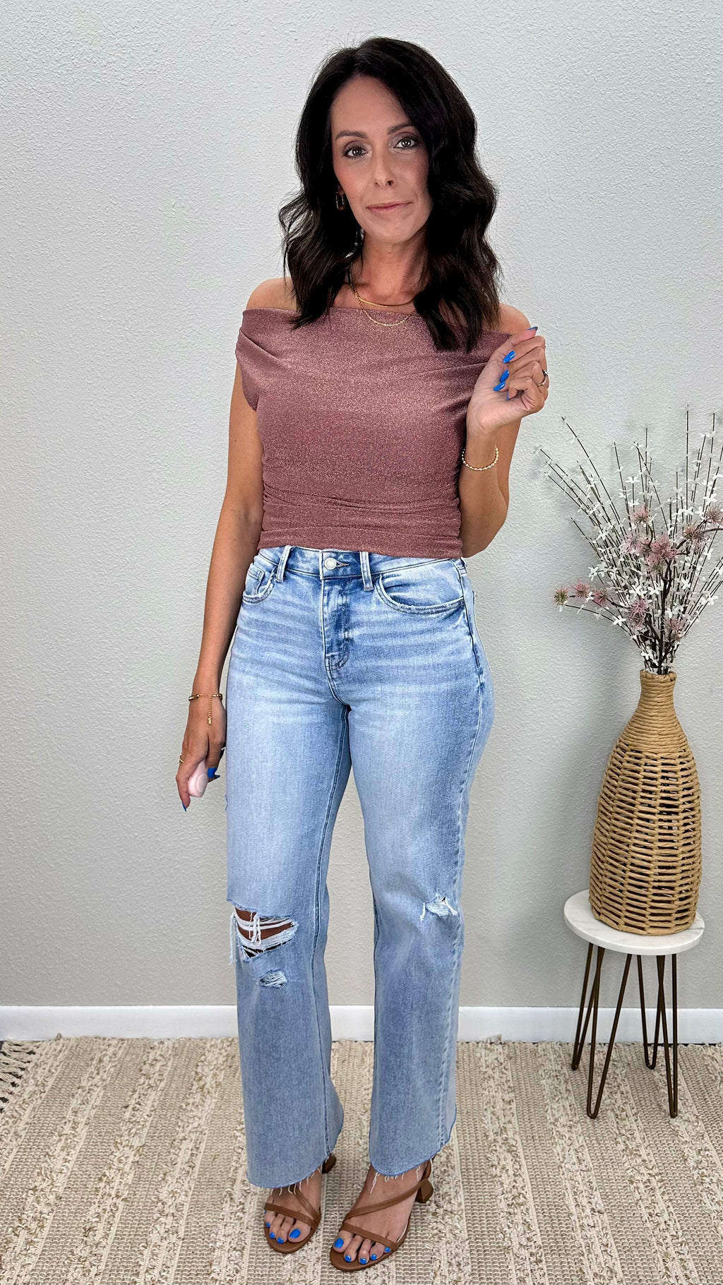 Mocha Shimmer Off the Shoulder Ruched Top