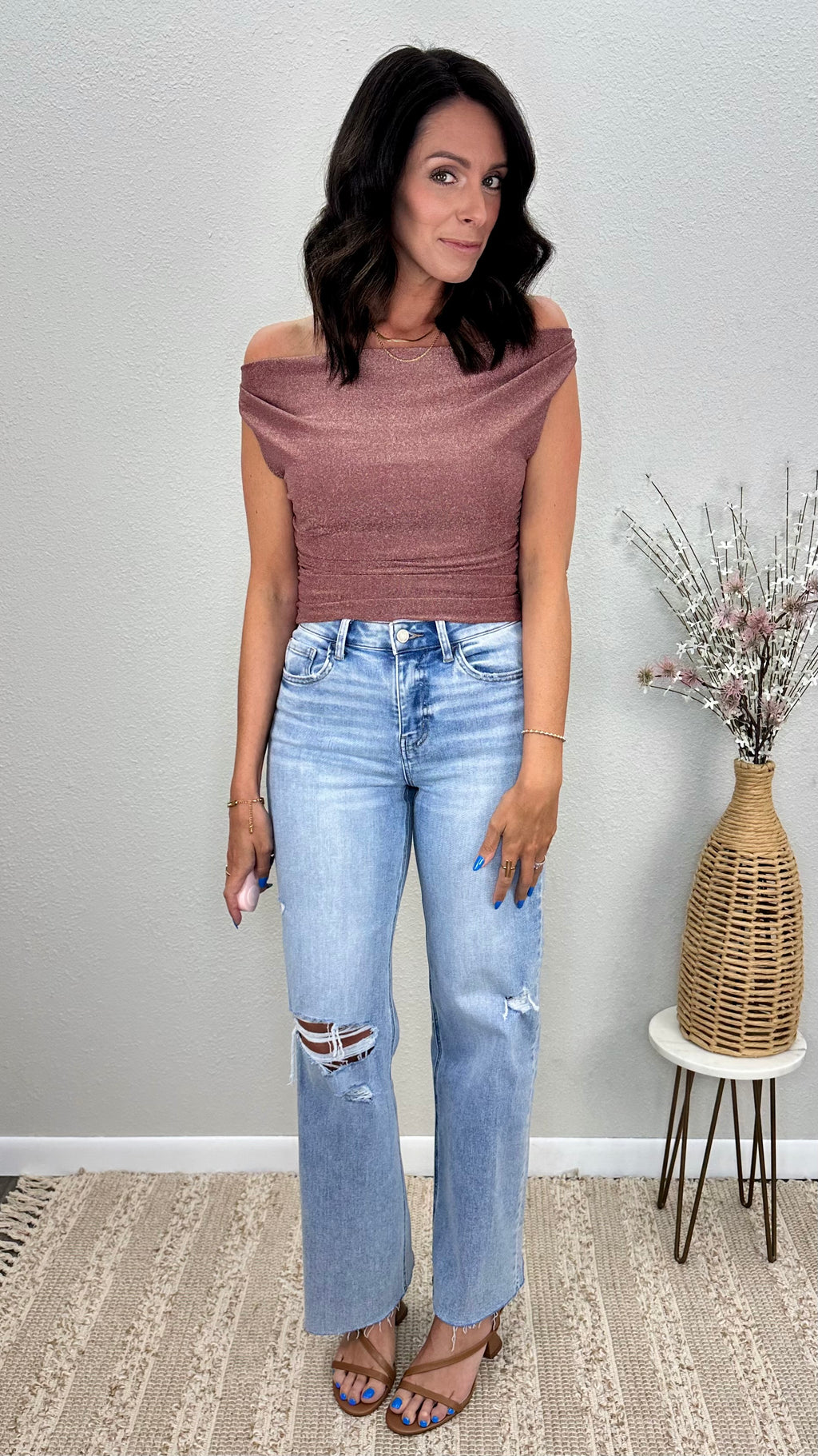 Mocha Shimmer Off the Shoulder Ruched Top