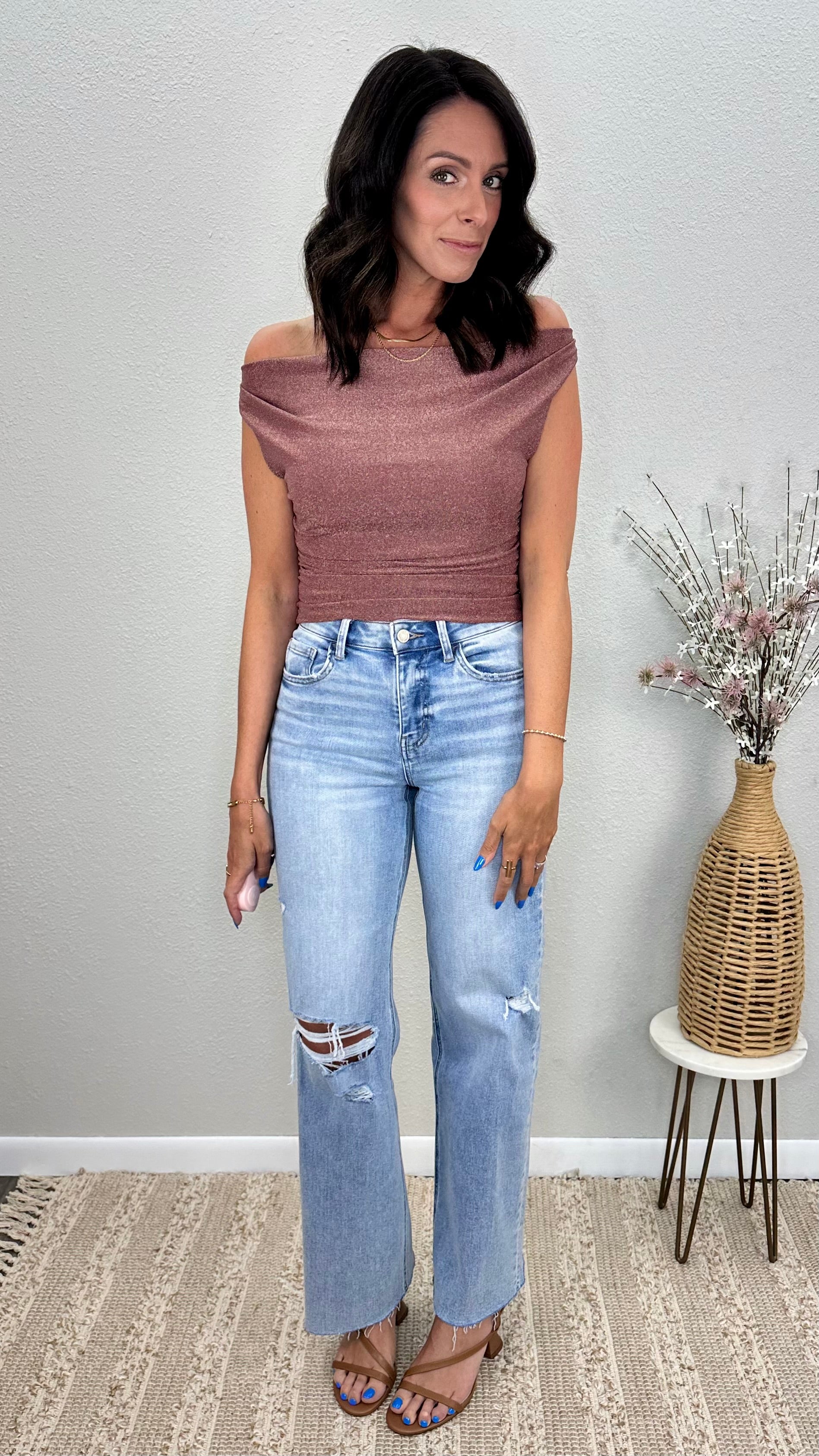 Mocha Shimmer Off the Shoulder Ruched Top