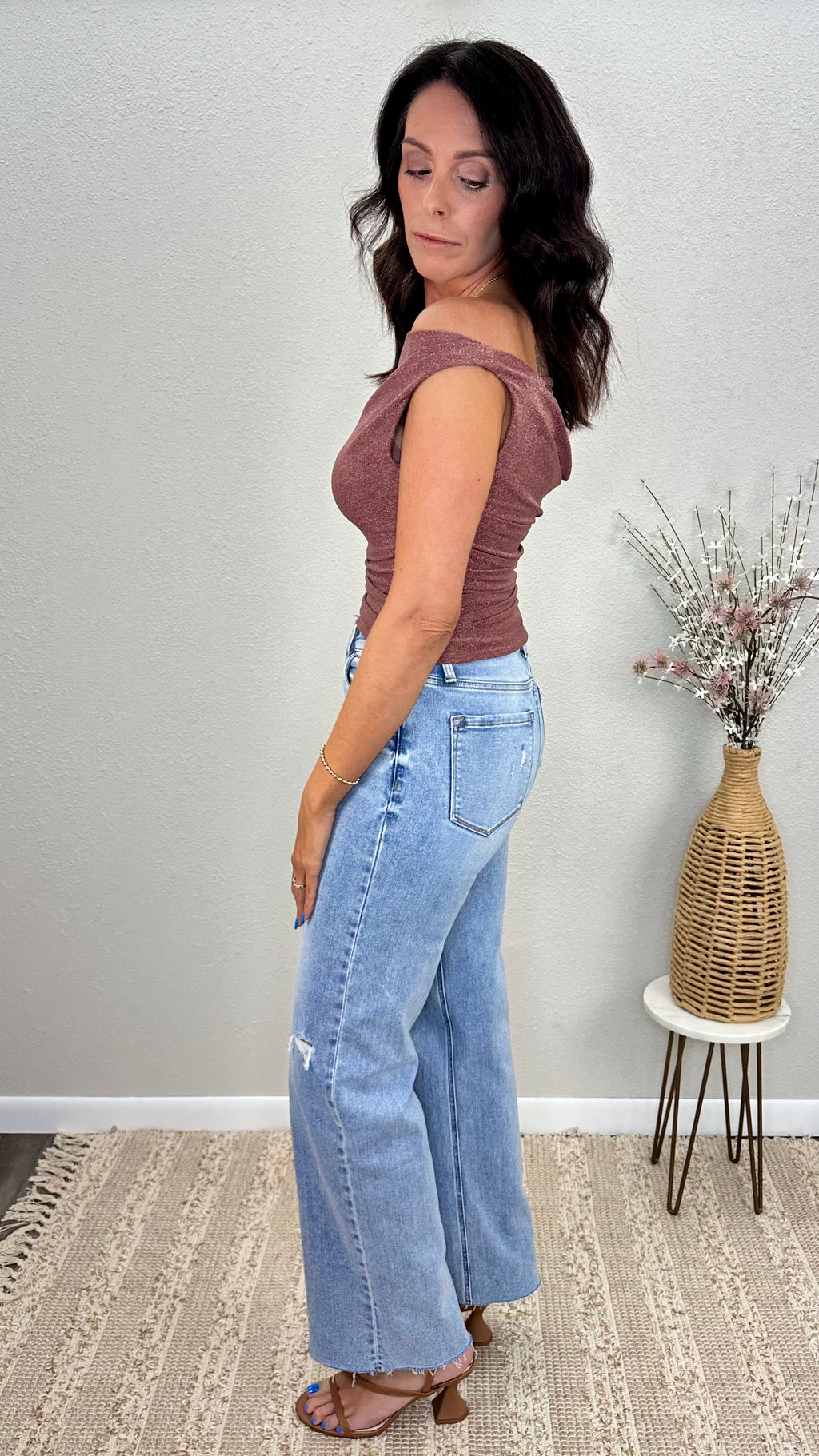 Mocha Shimmer Off the Shoulder Ruched Top