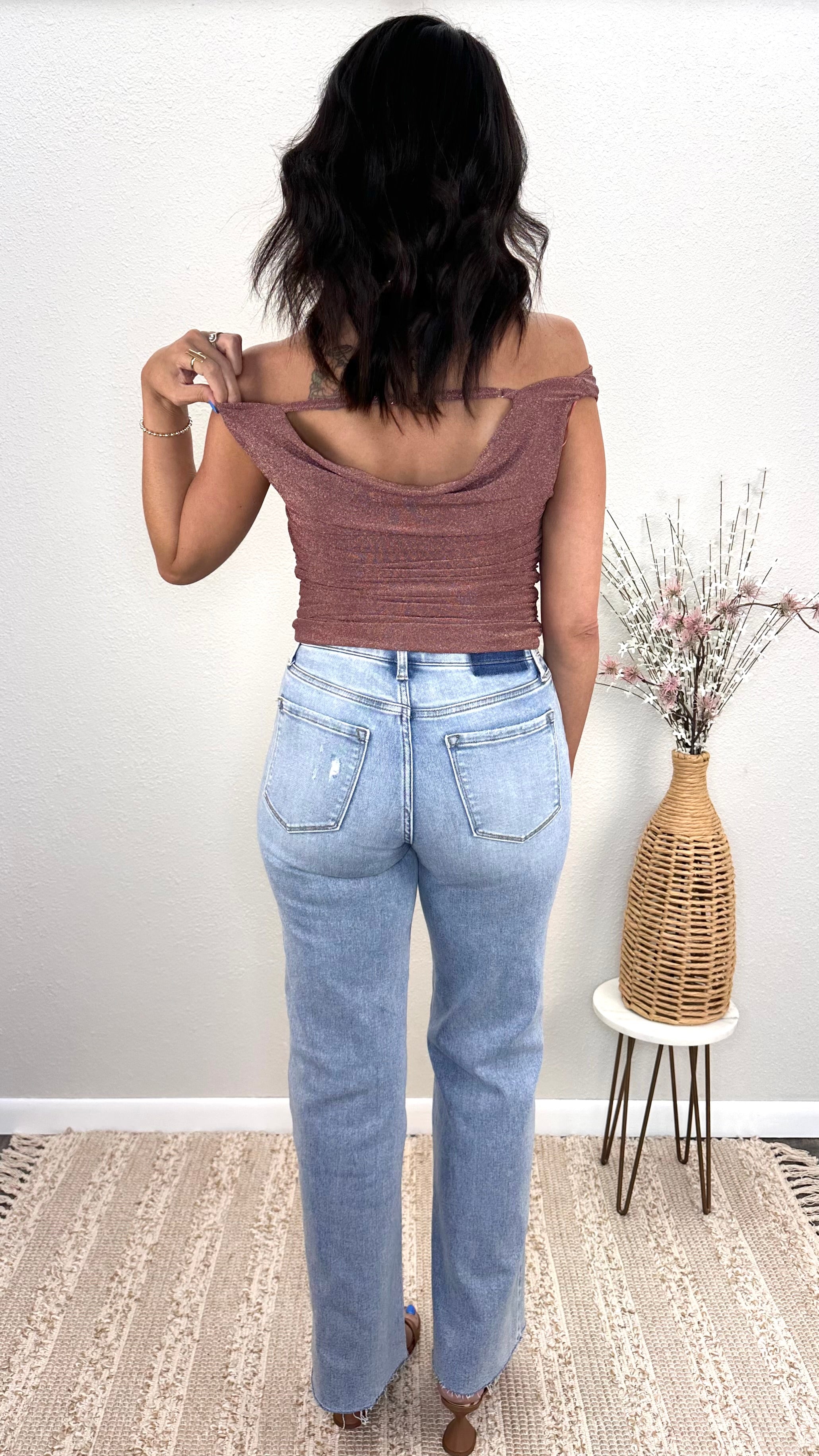 Mocha Shimmer Off the Shoulder Ruched Top