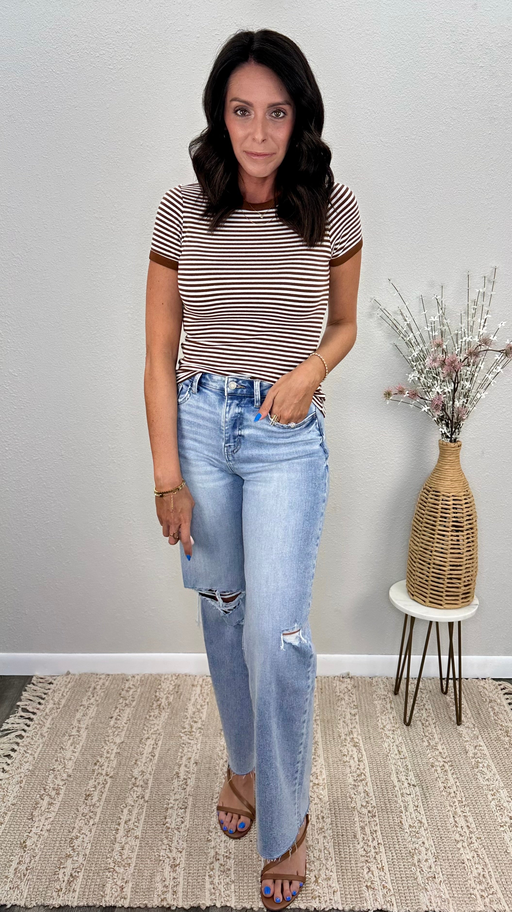 Brown Stripe Ringer Fitted Tee