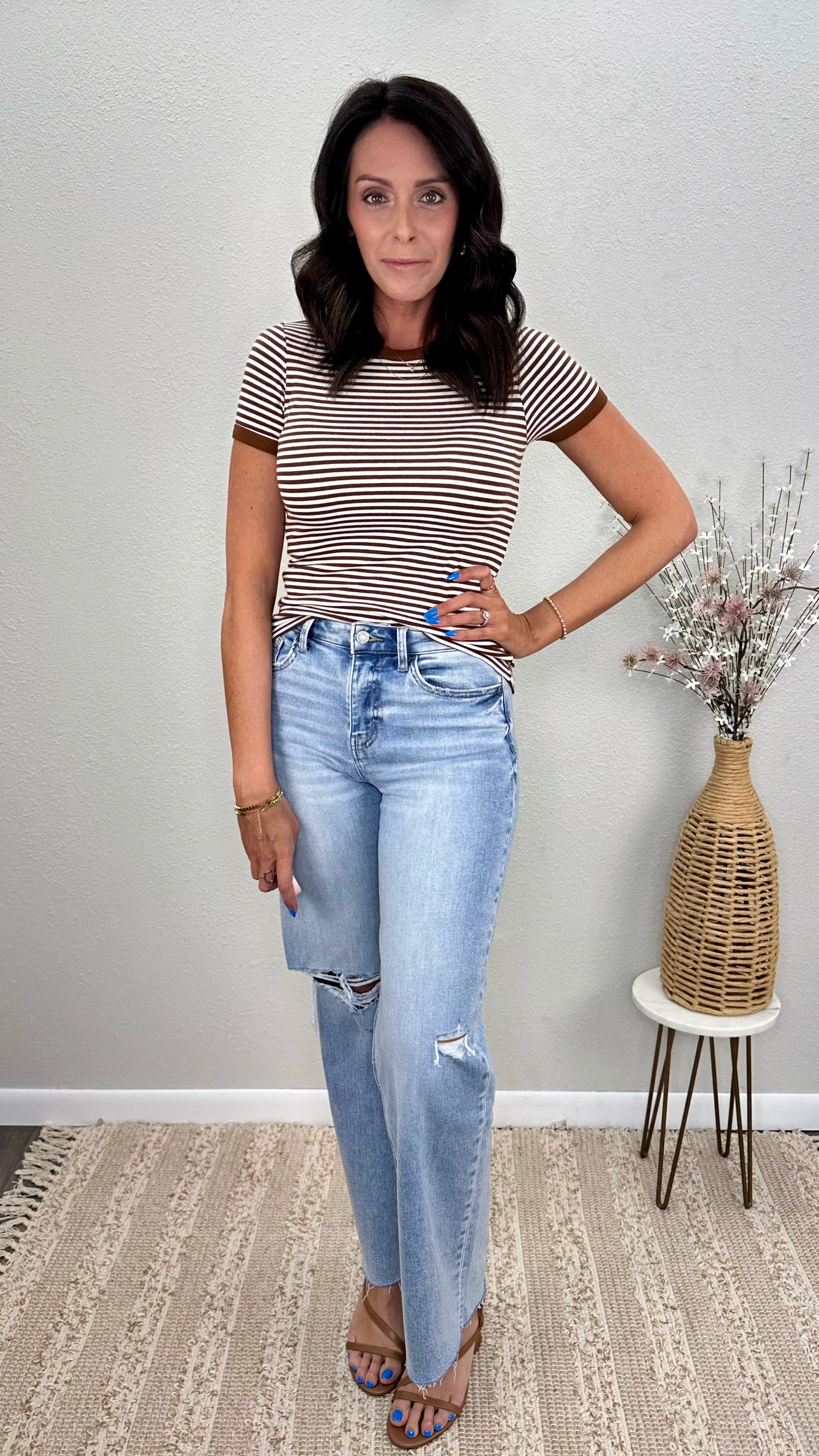 Brown Stripe Ringer Fitted Tee