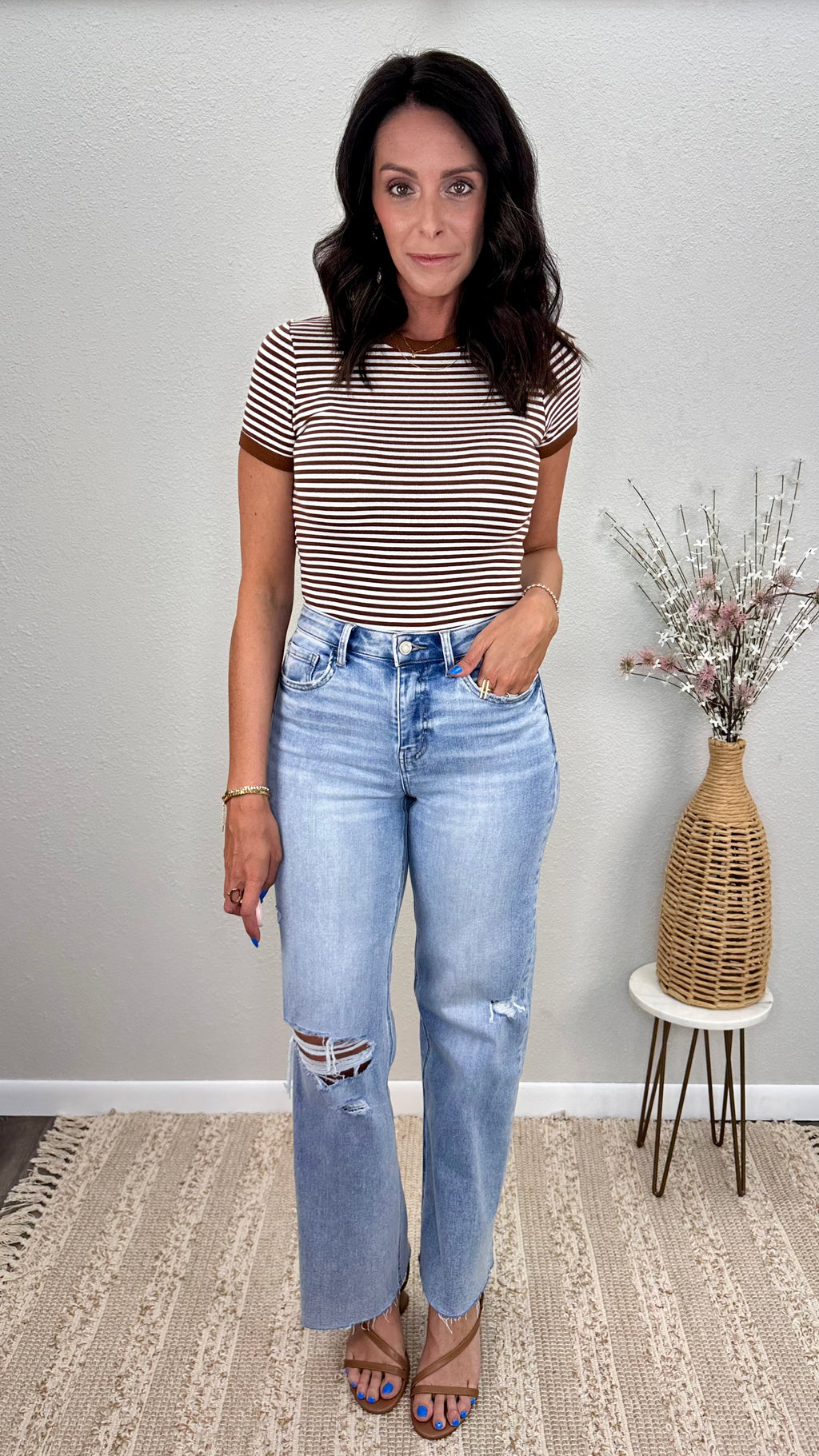 Brown Stripe Ringer Fitted Tee