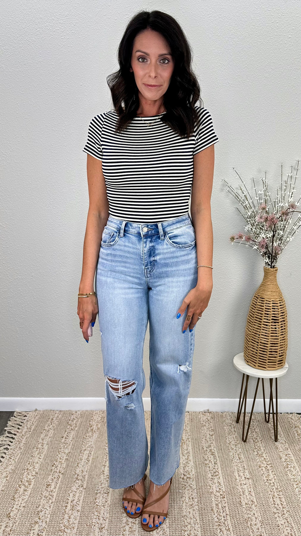 Navy Stripe Boat Neck Fitted Top
