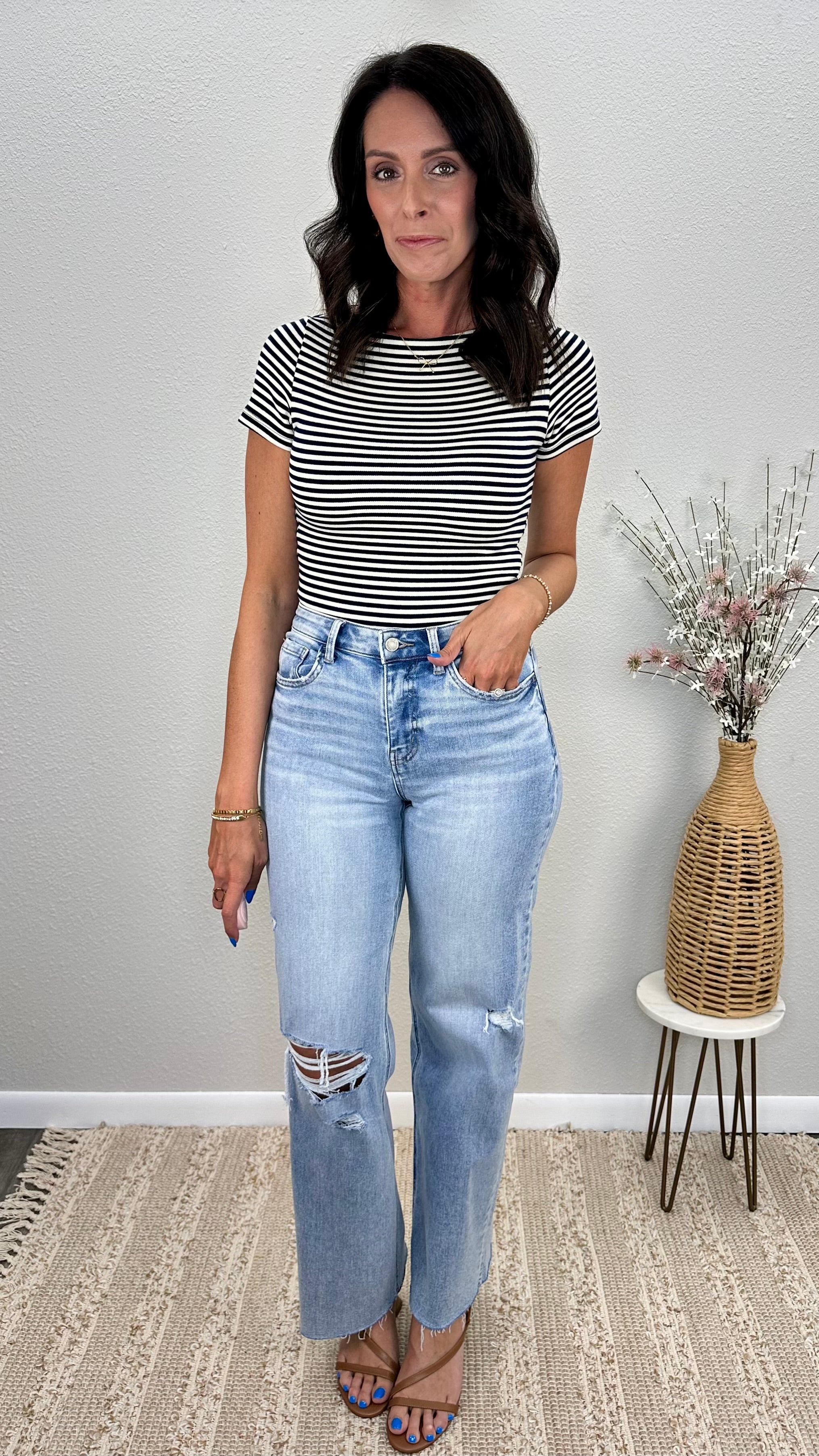 Navy Stripe Boat Neck Fitted Top
