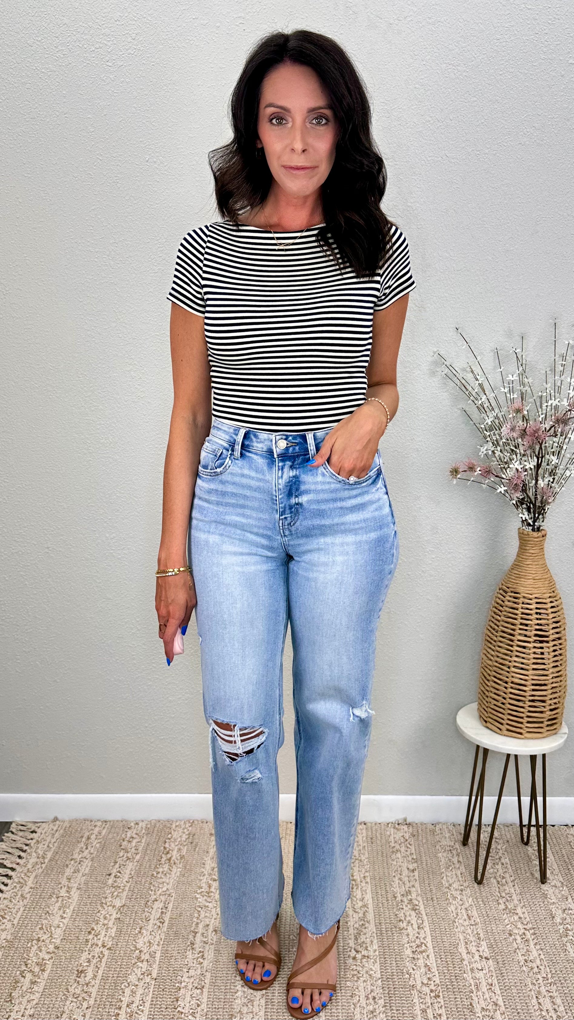 Navy Stripe Boat Neck Fitted Top