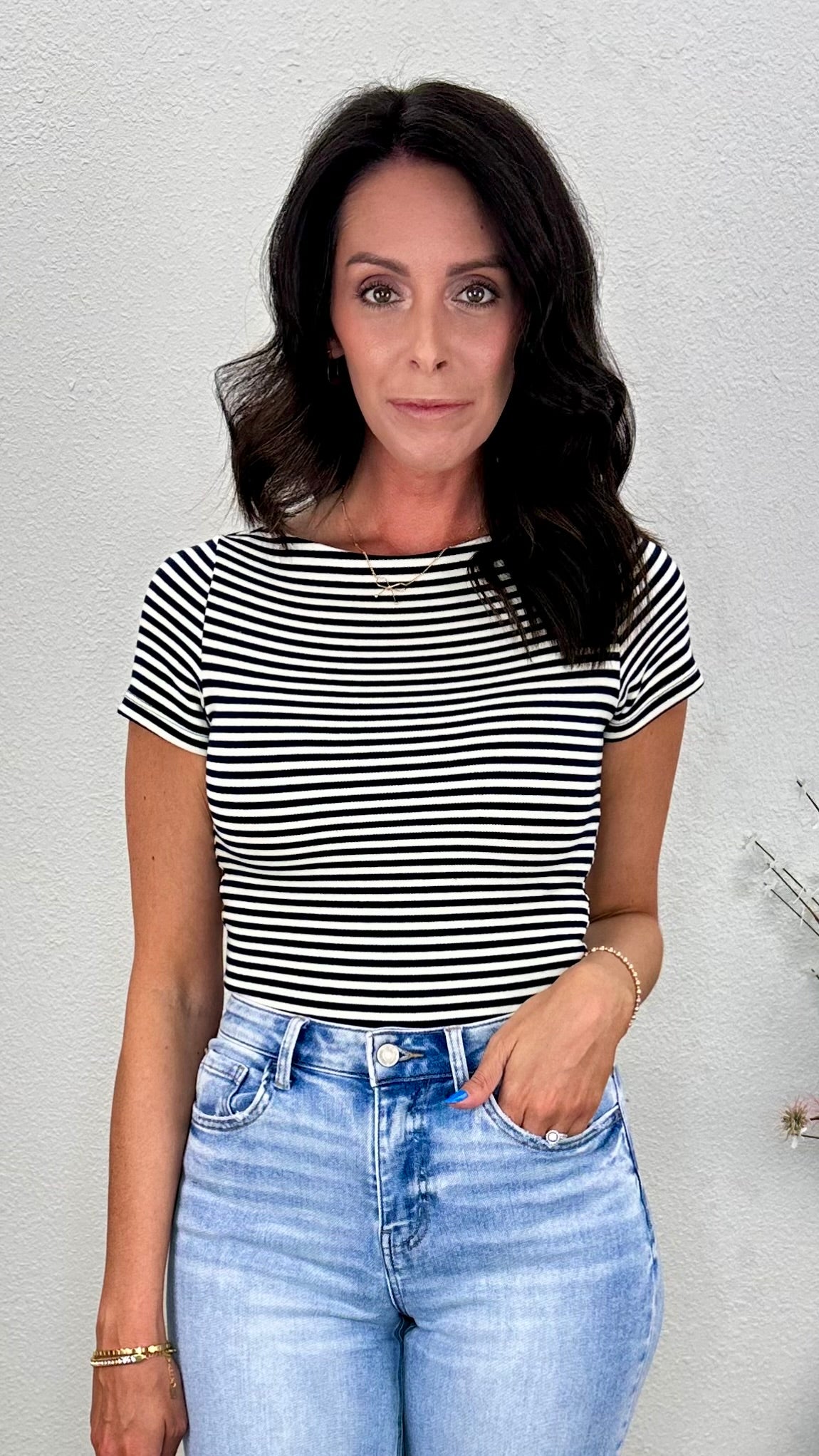 Navy Stripe Boat Neck Fitted Top