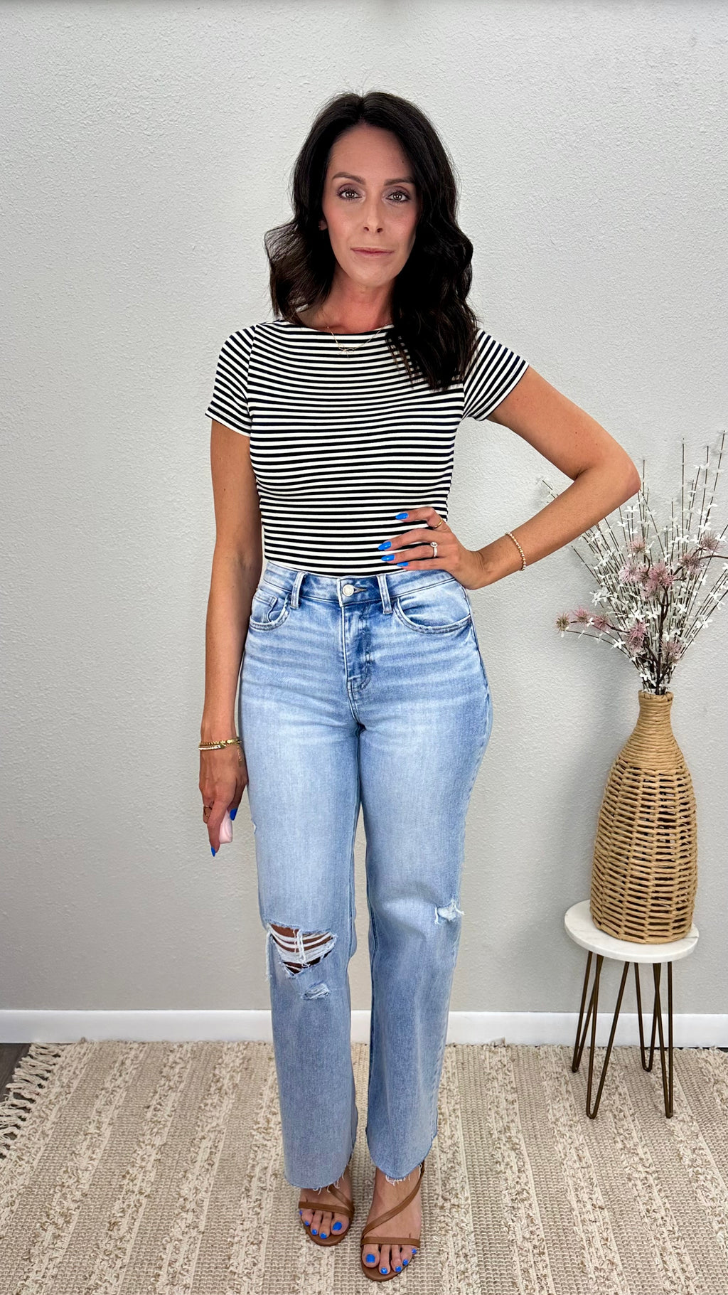 Navy Stripe Boat Neck Fitted Top