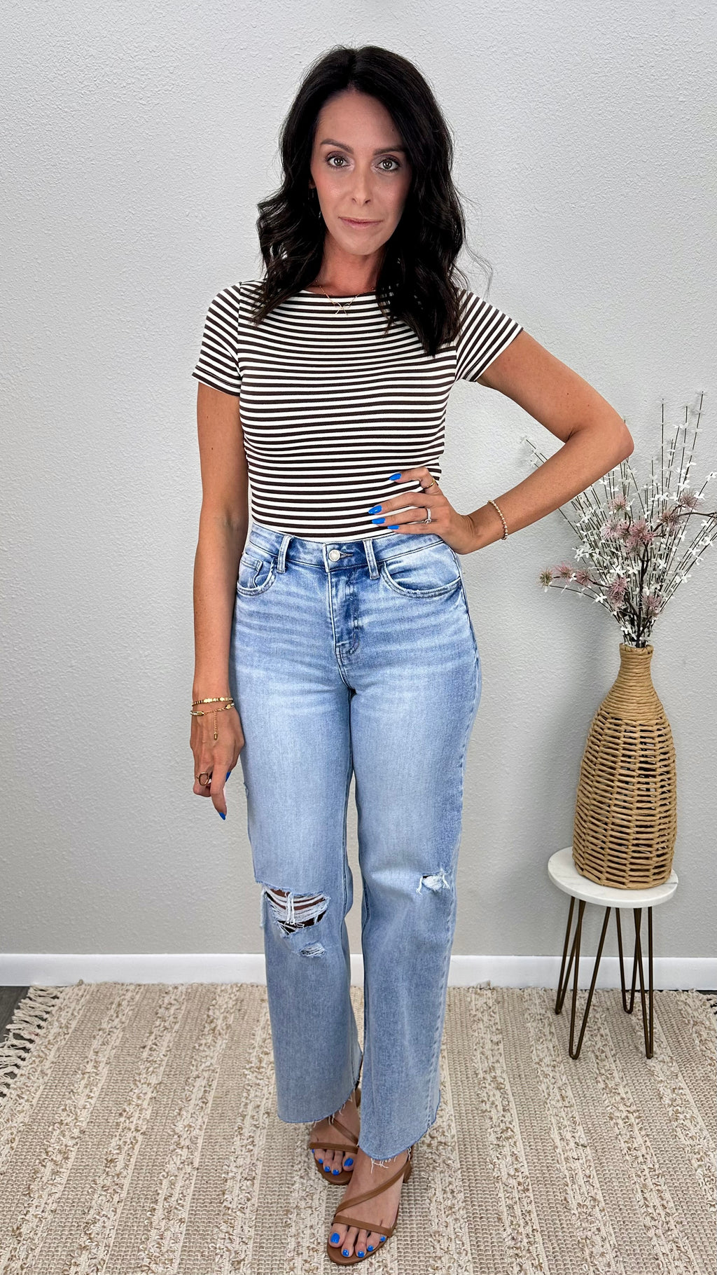 Brown Stripe Boat Neck Fitted Top