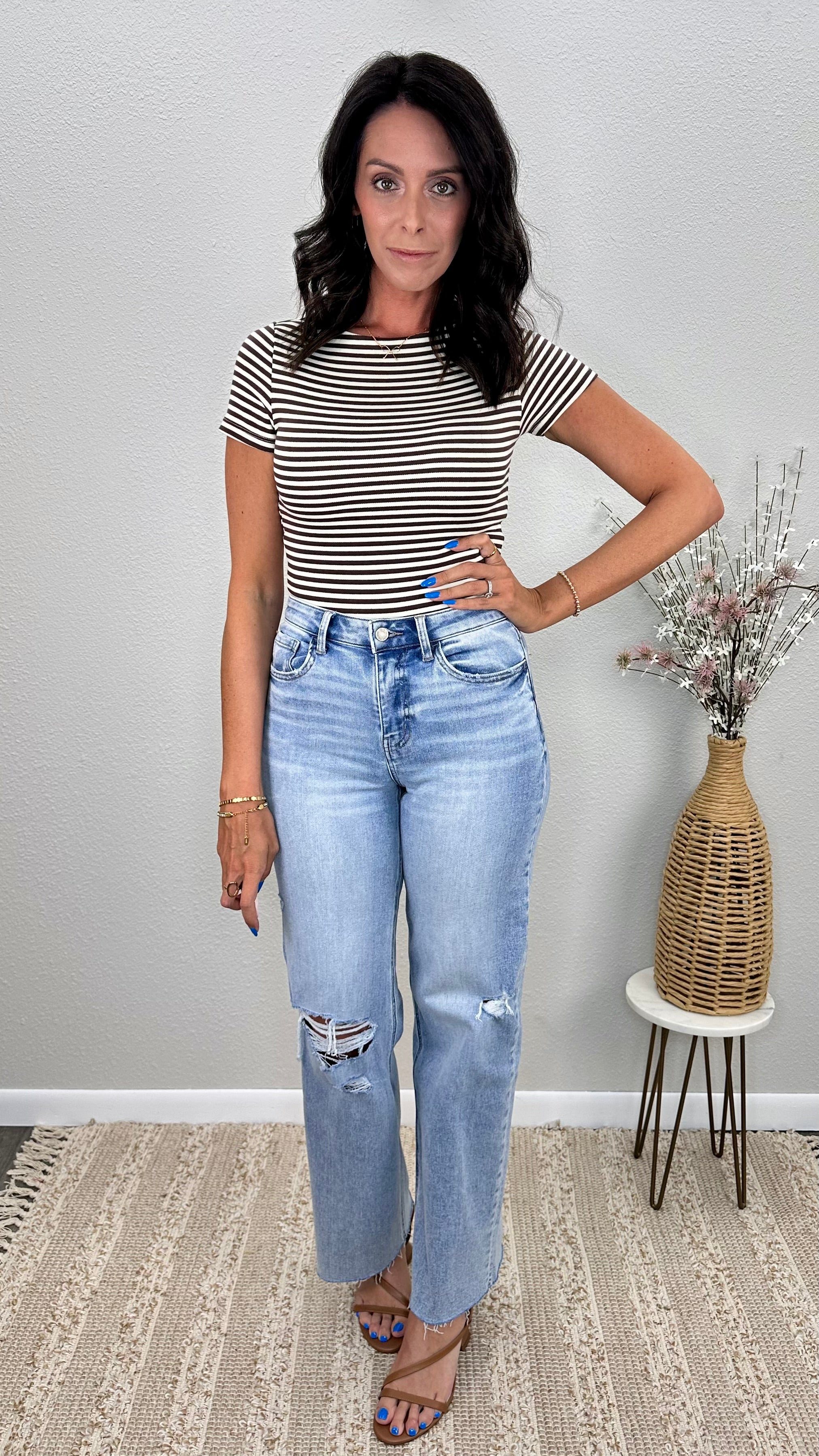 Brown Stripe Boat Neck Fitted Top