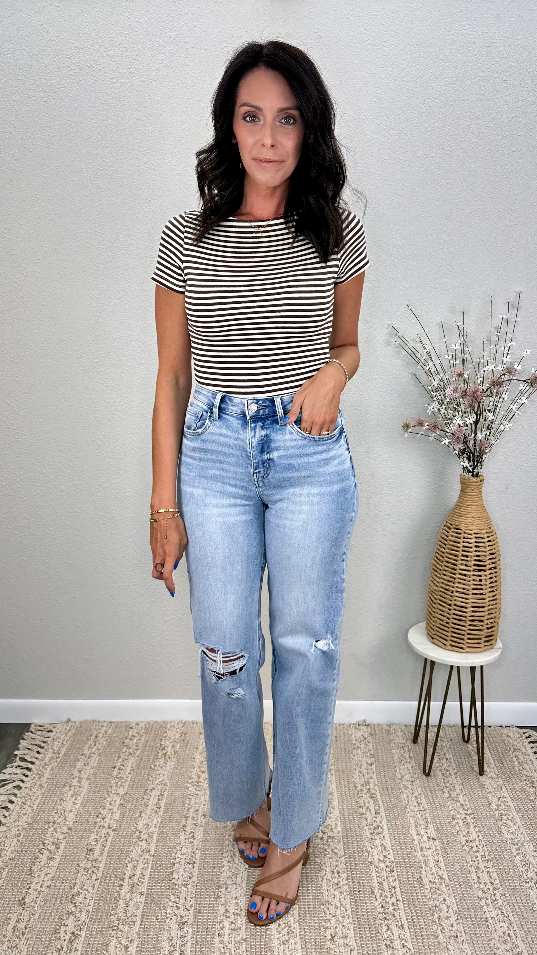 Brown Stripe Boat Neck Fitted Top