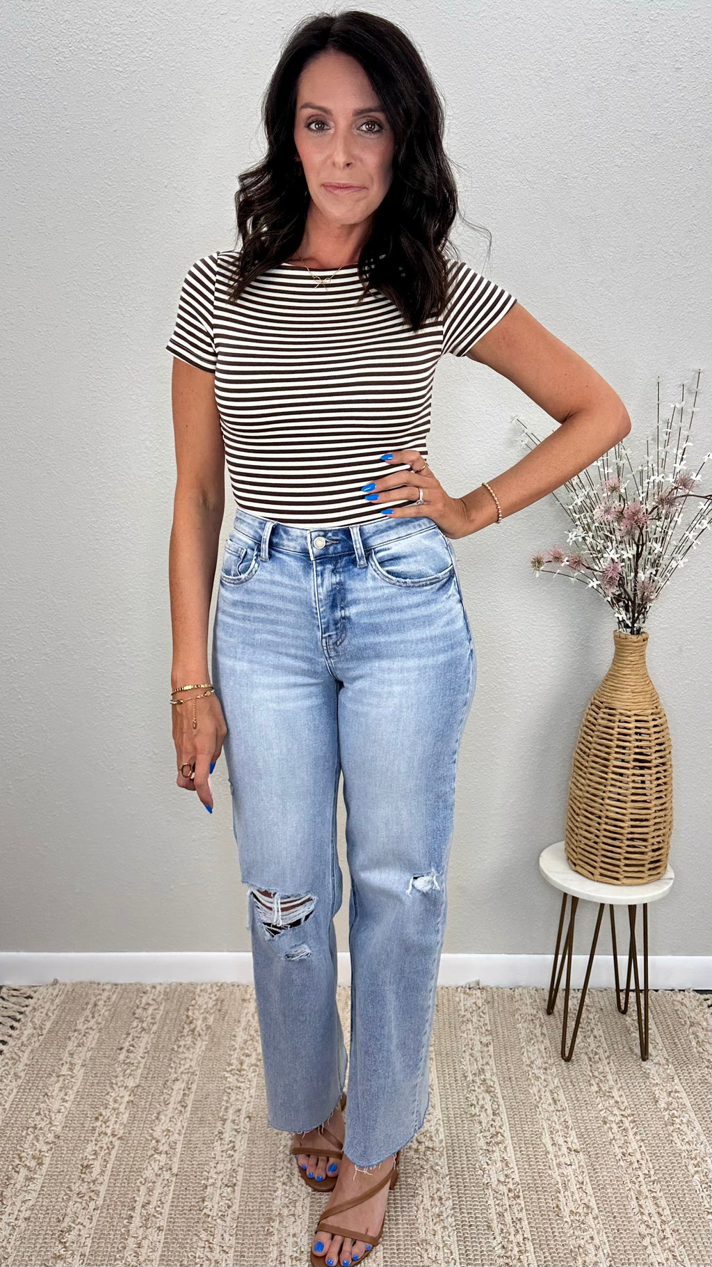 Brown Stripe Boat Neck Fitted Top