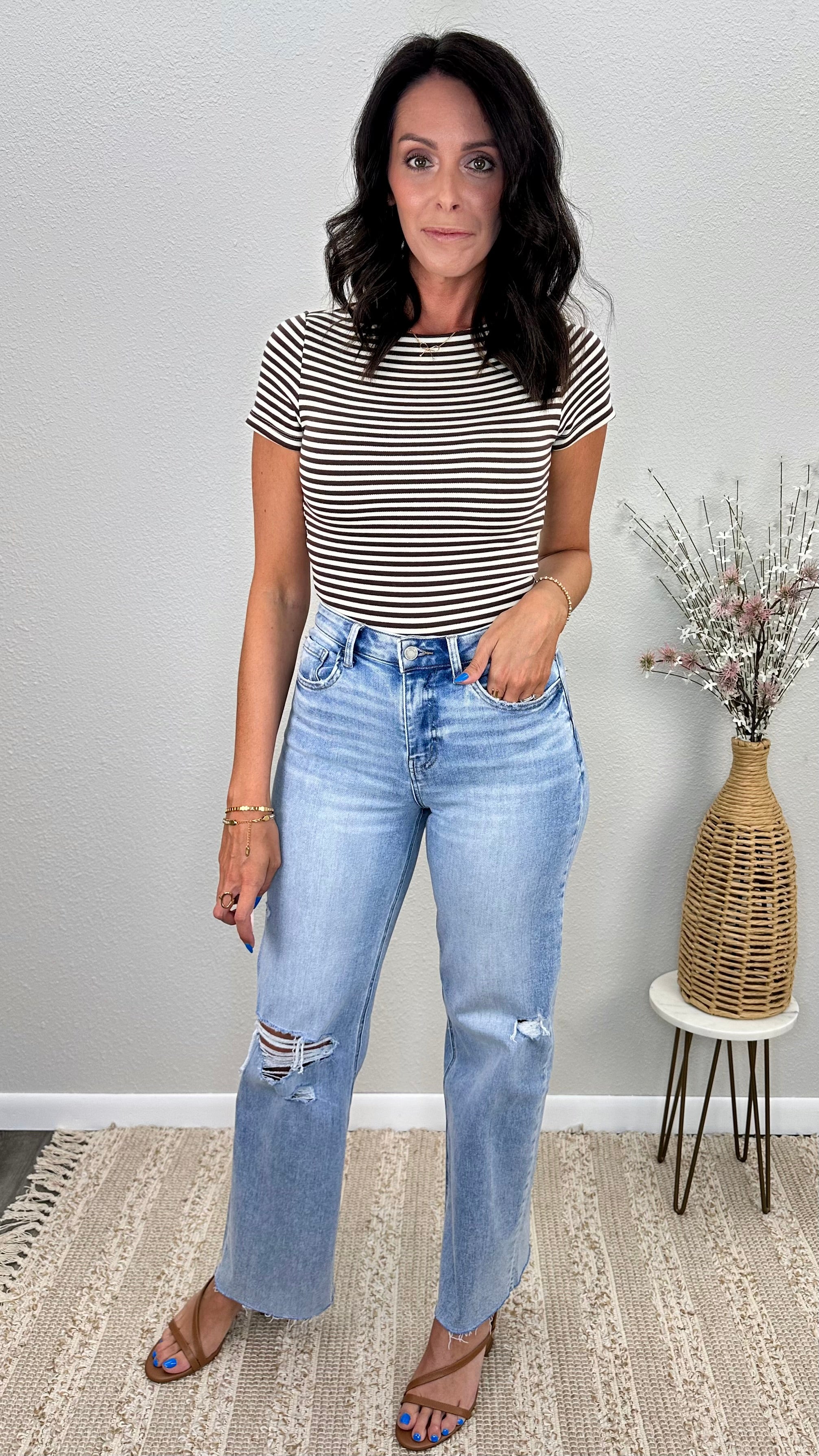 Brown Stripe Boat Neck Fitted Top