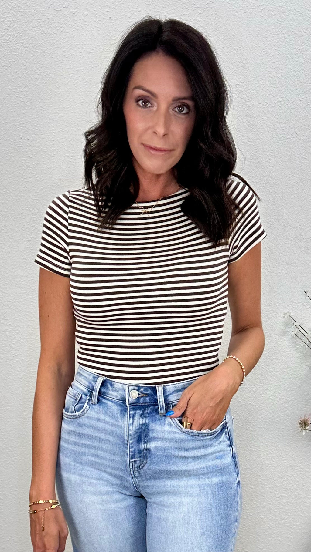 Brown Stripe Boat Neck Fitted Top