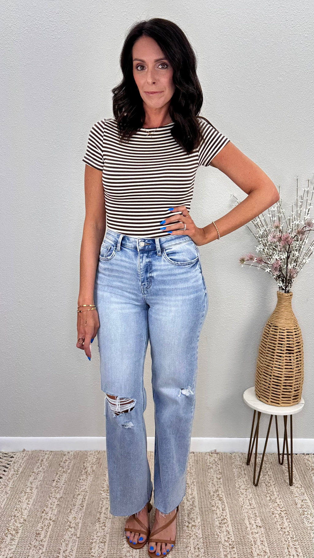 Brown Stripe Boat Neck Fitted Top