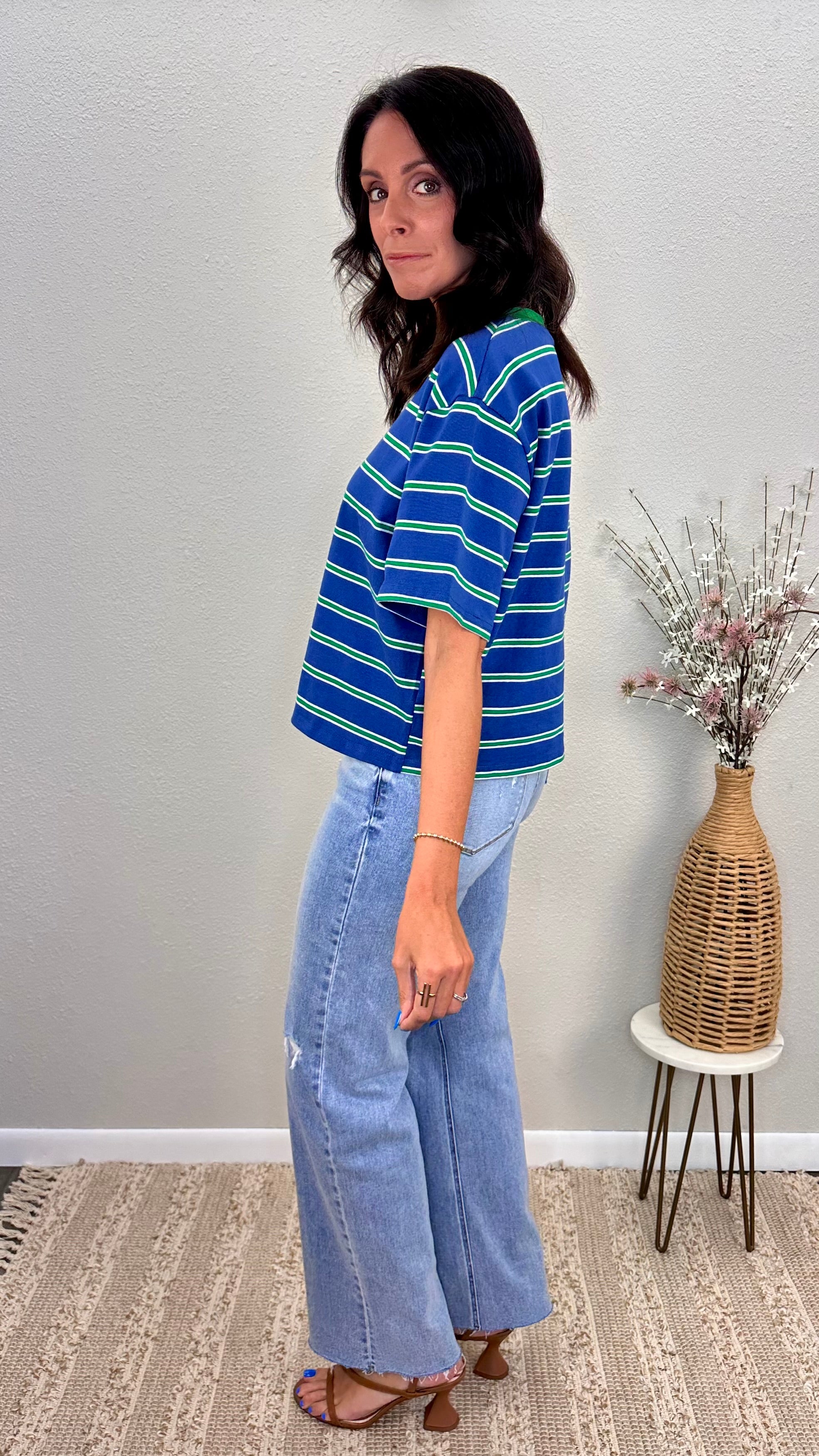 Blue & Green Ringer Striped Oversized Tee