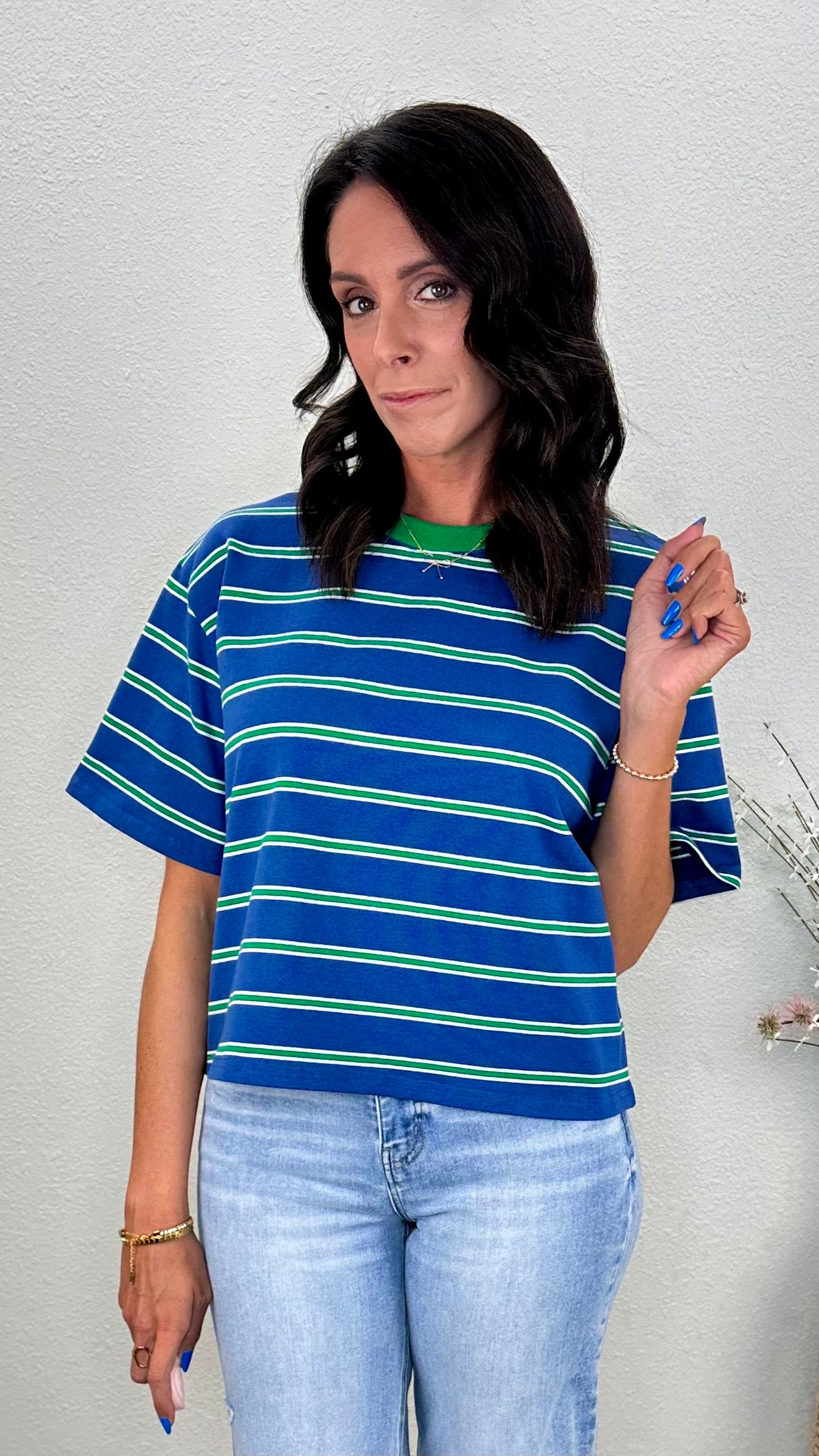 Blue & Green Ringer Striped Oversized Tee