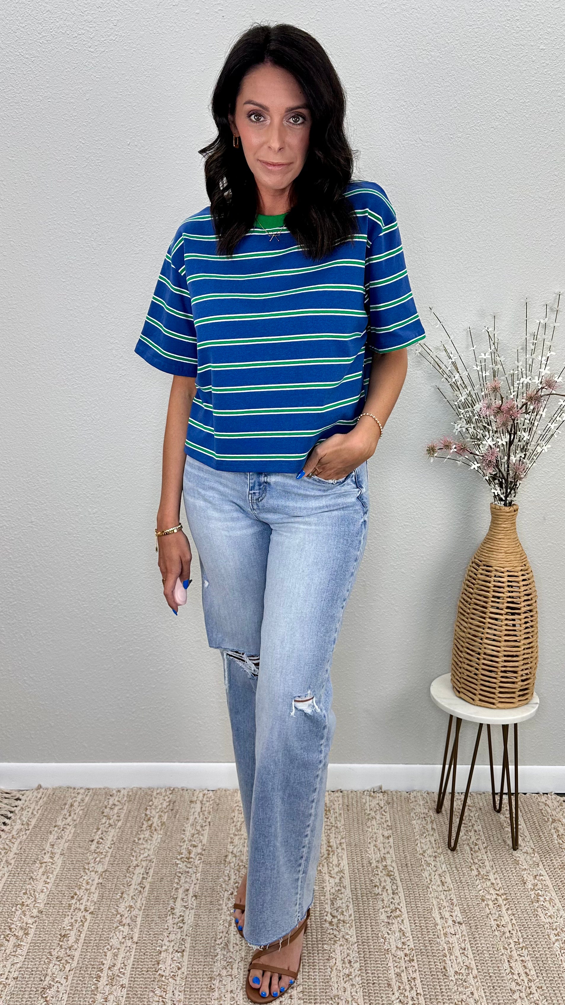 Blue & Green Ringer Striped Oversized Tee