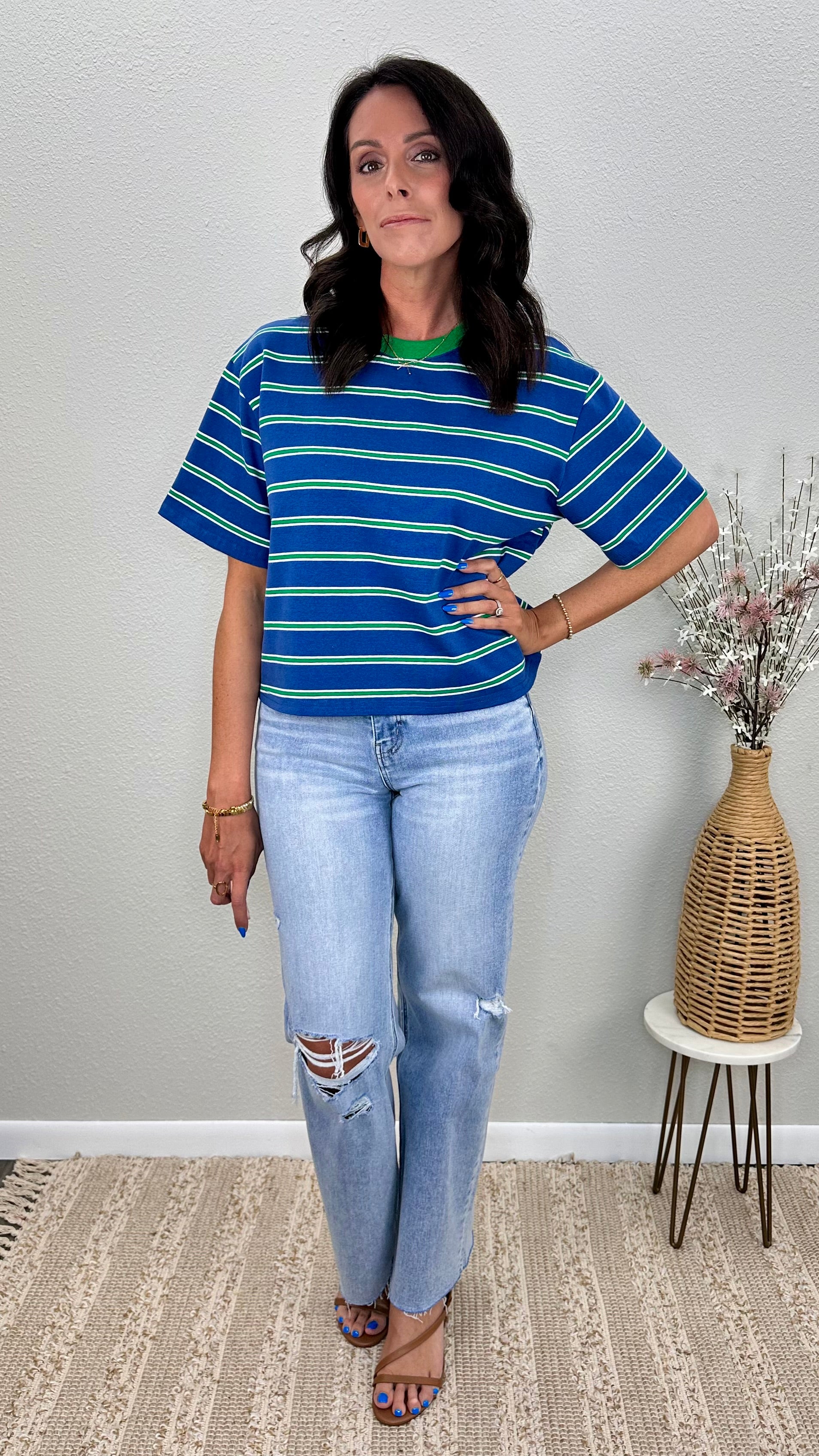 Blue & Green Ringer Striped Oversized Tee